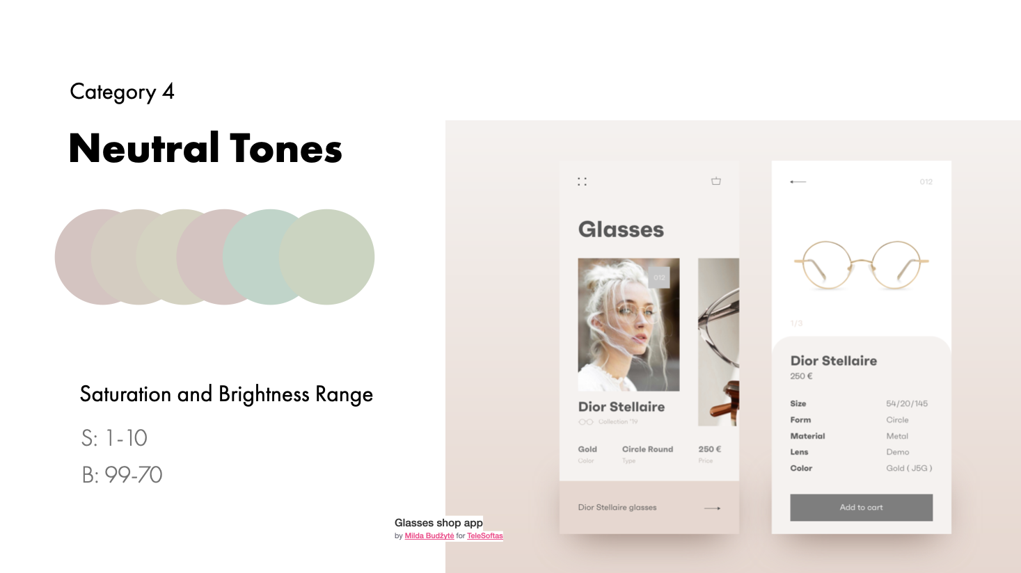 Neutral tone examples and range | Glasses shop app by Milda Budžytė for TeleSoftas