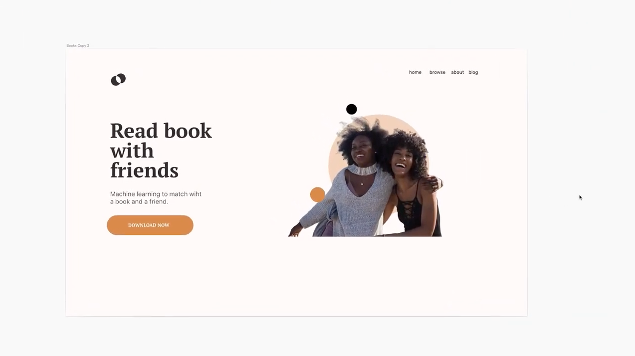 Landing page design with two happy friends and circle graphics behind them