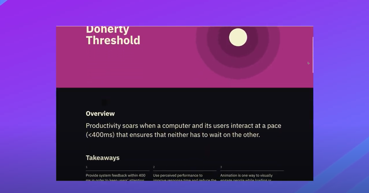 Pink and black screen describing Doherty Threshold