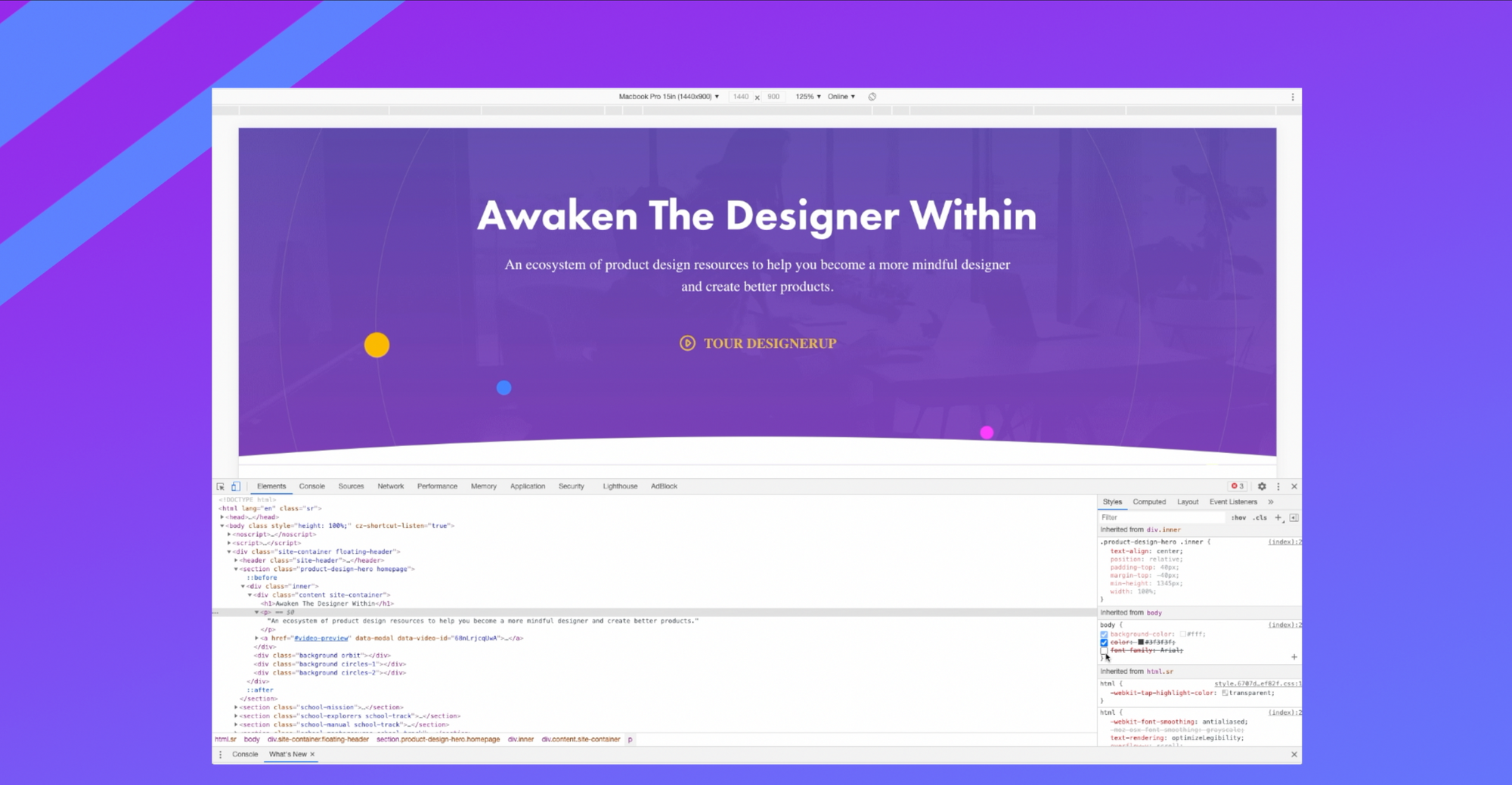 Screenshot of DesignerUp homepage with Chrome code inspector