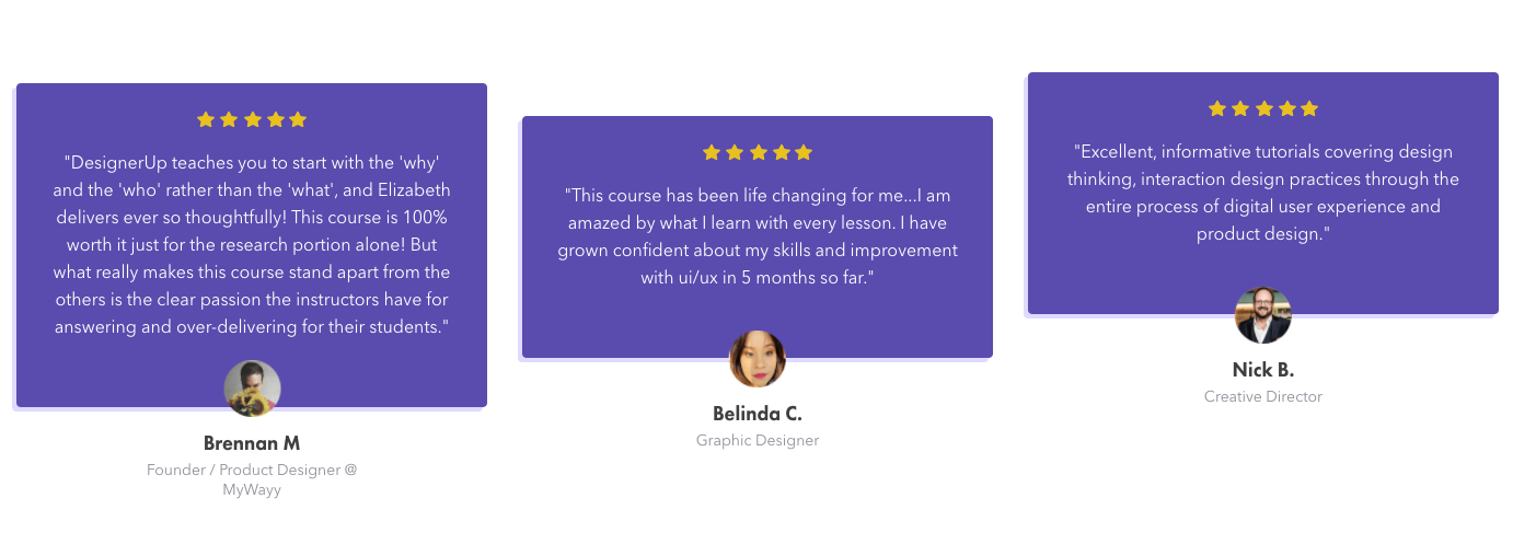 5 star reviews for DesignerUp's course