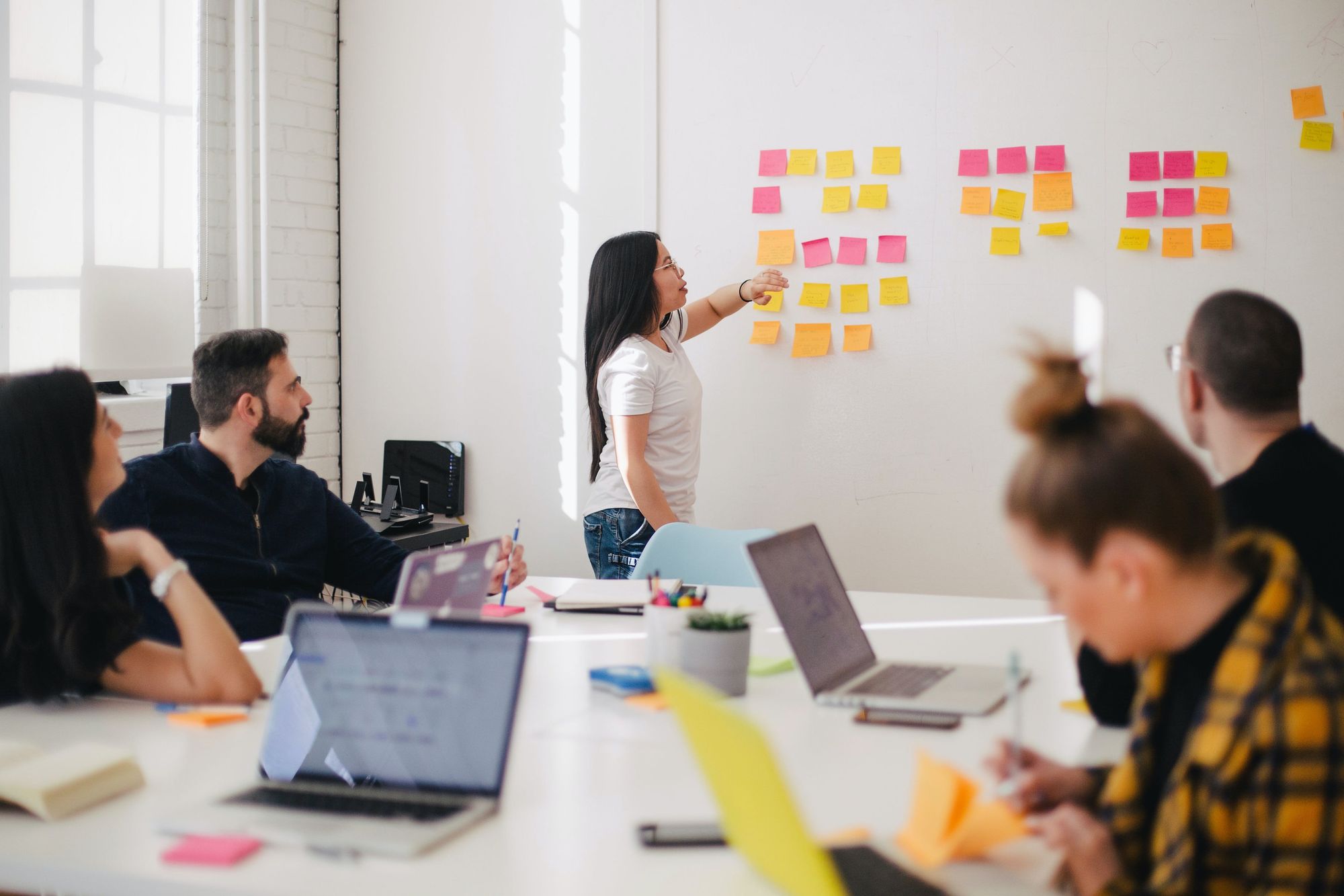 Women in office organizing sticky notes with team