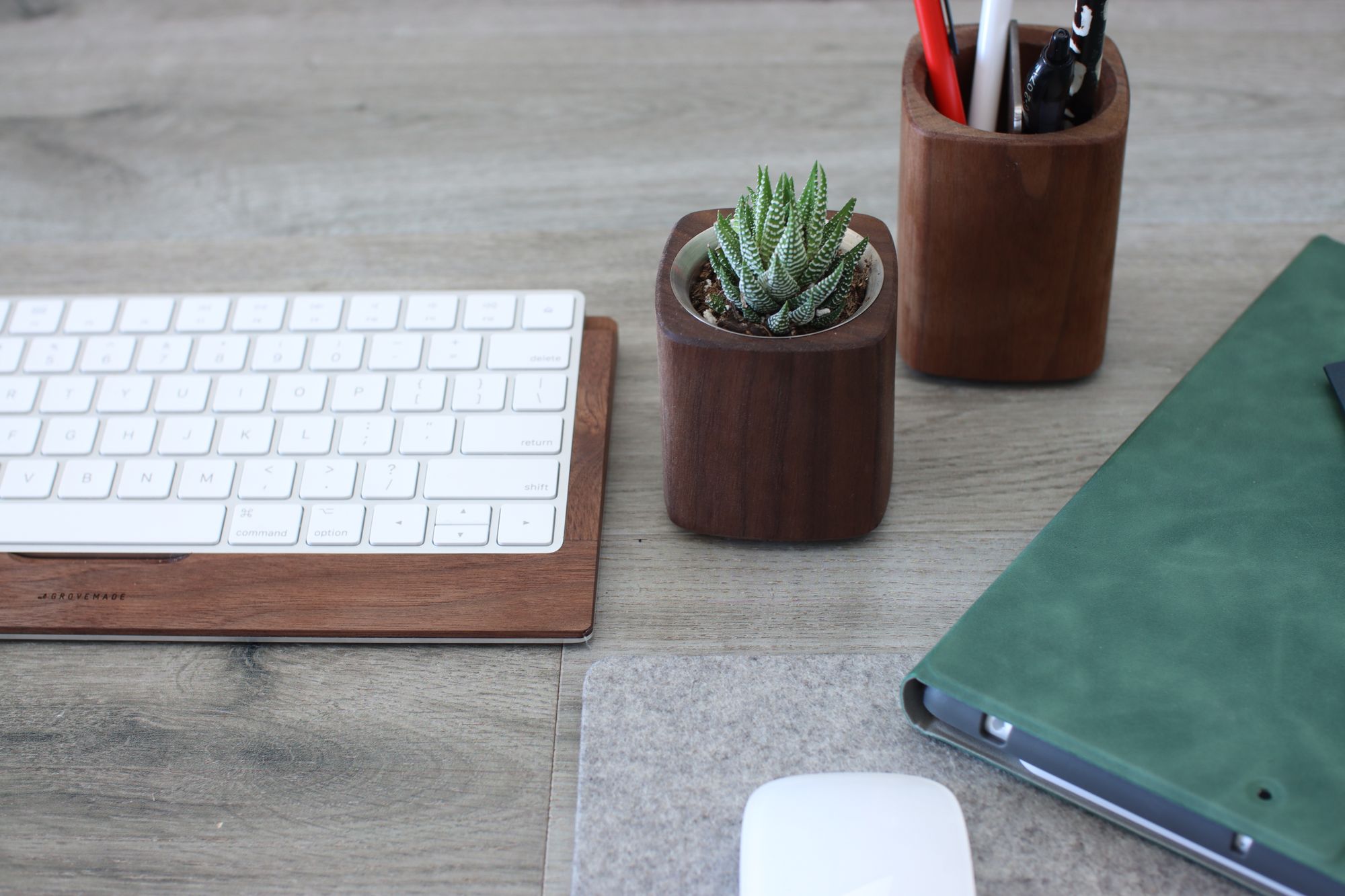 Walnut Apple keyboard tray, planter and pen holder