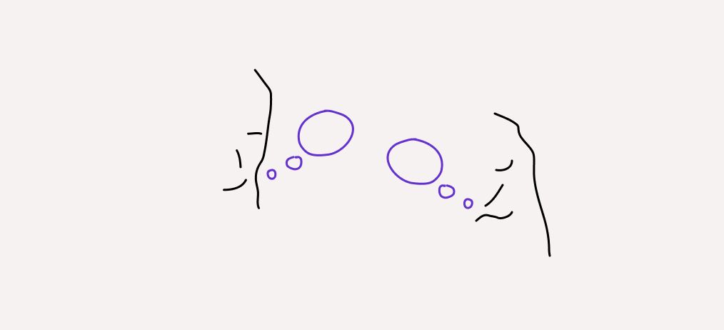 Two hand drawn people talking with purple speech bubbles