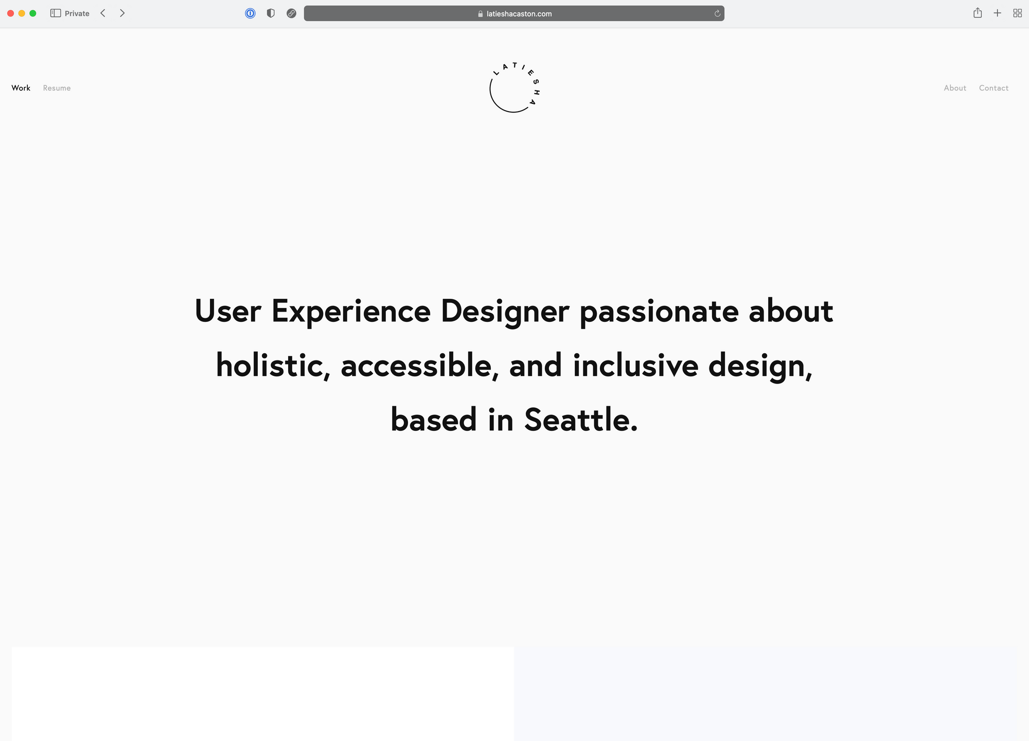 White background with designer bio in black text