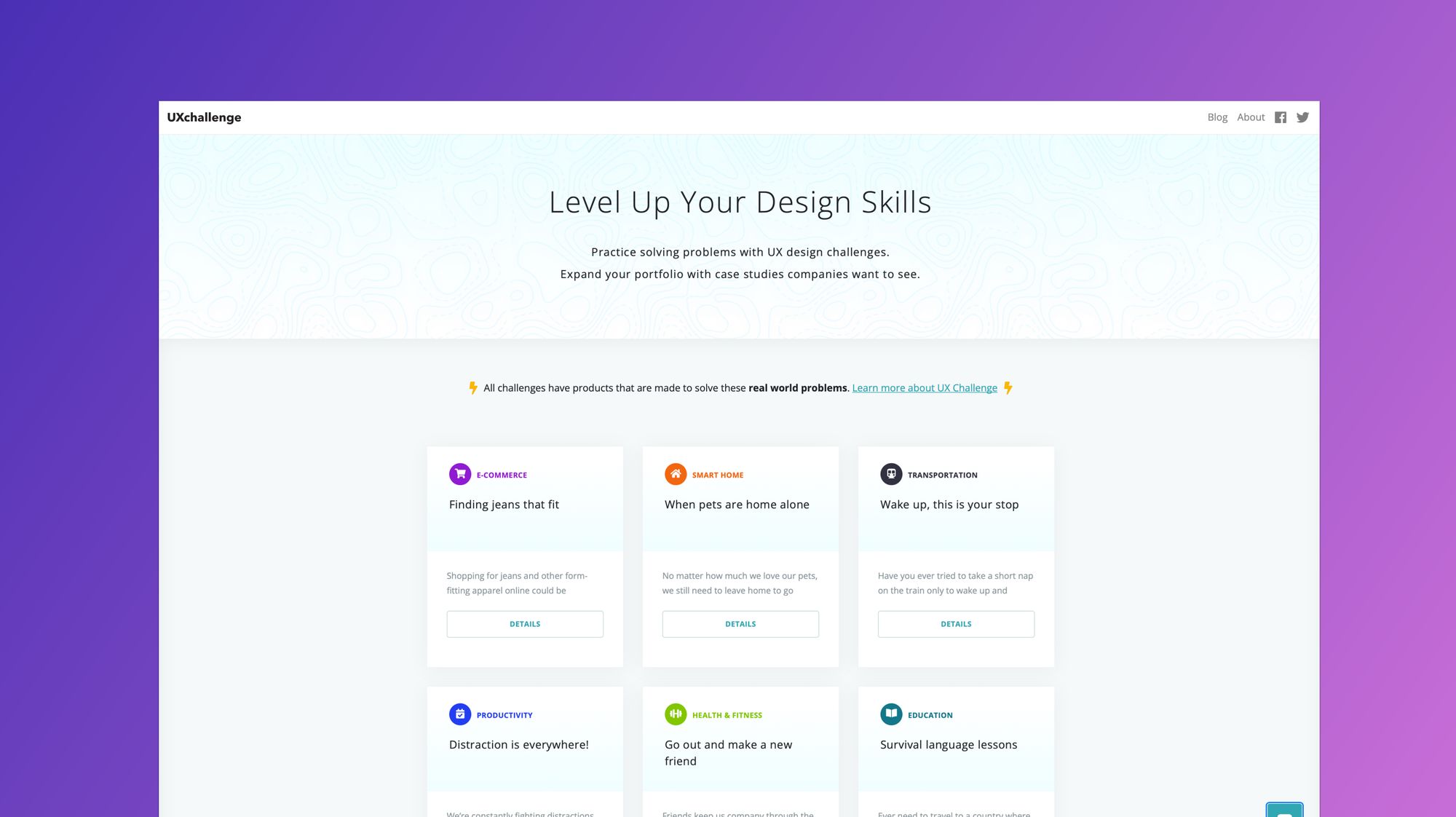 UX challenge homepage white bg with UX prompt cards