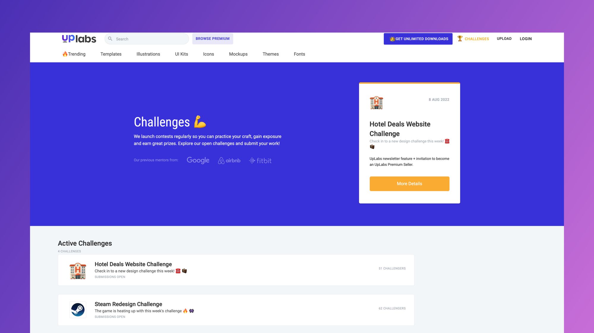 Uplabs challenges homepage with active UX challenges