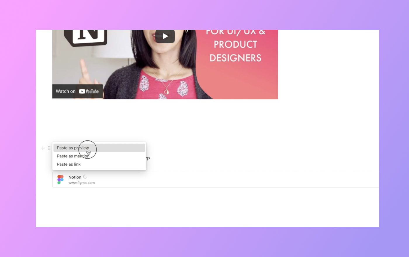 Pink and purple gradient bg with Notion Paste as Preview screenshot