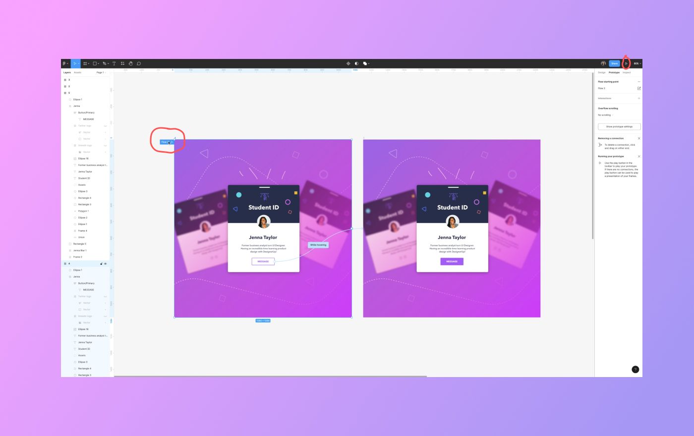 Pink and purple gradient bg with example of live prototype in Figma