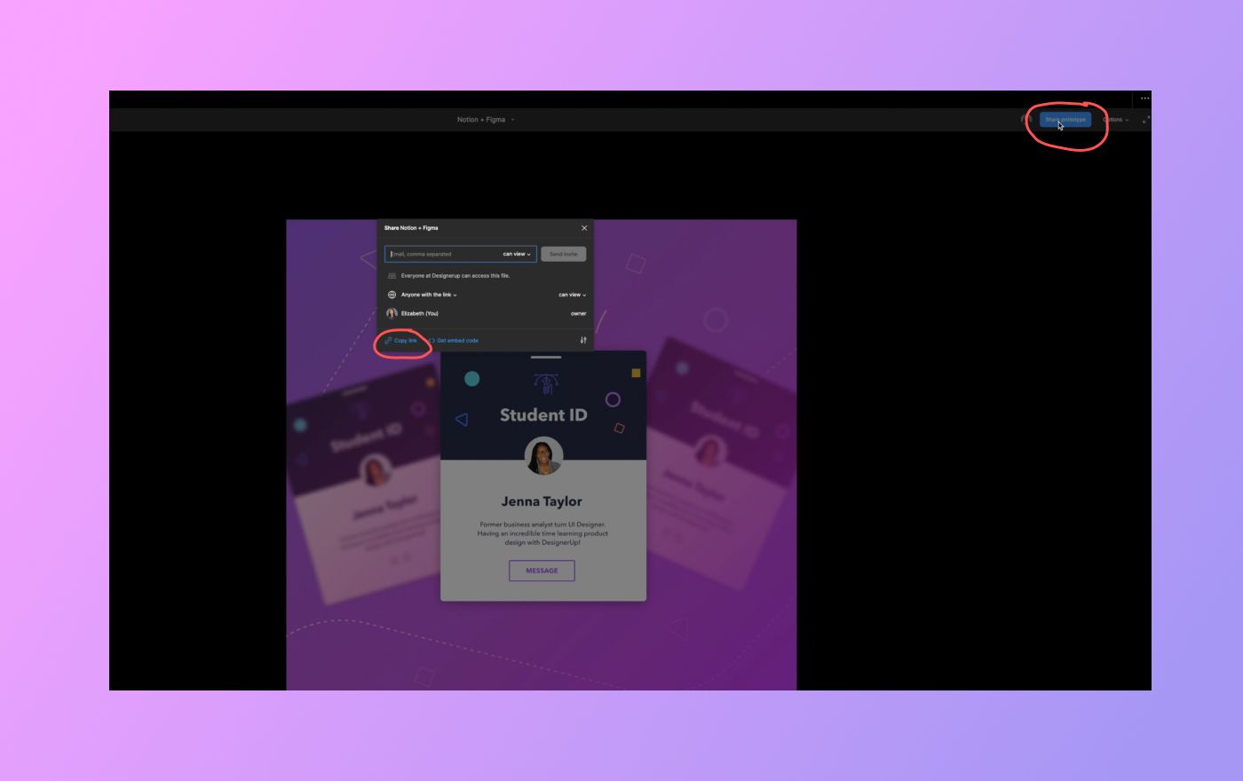 ]Pink and purple gradient bg with example of Figma prototype link screenshot