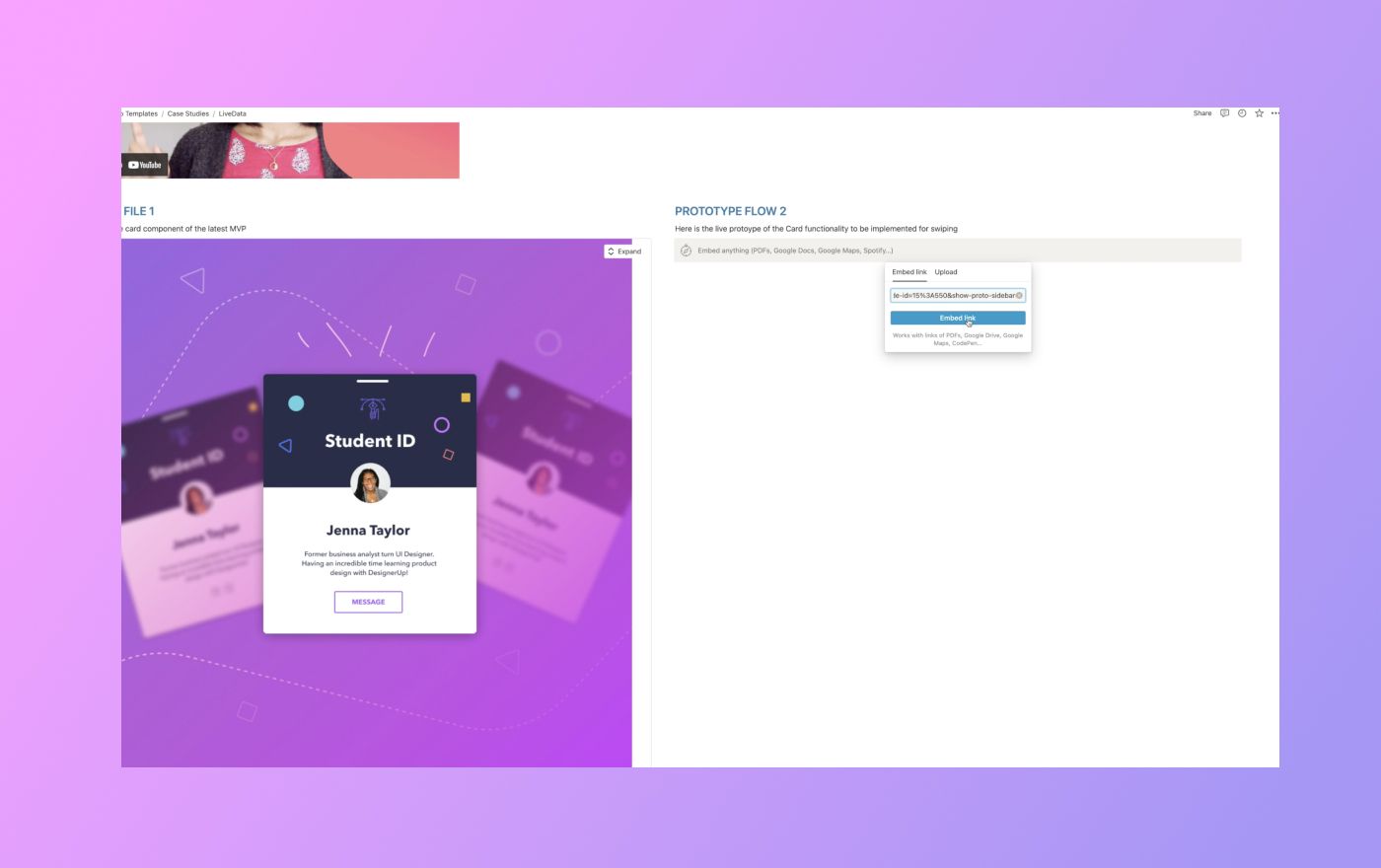 Pink and purple gradient bg with screenshot of Notion's embed block
