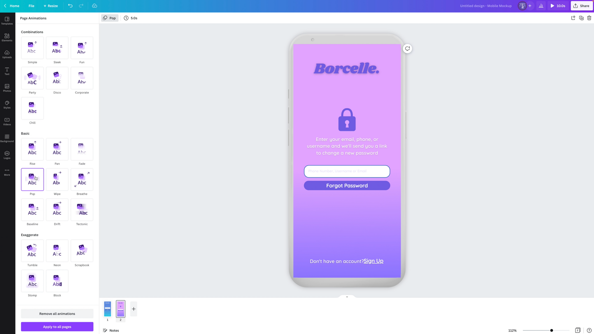 Mobile phone with login screen design with purple and pink gradient