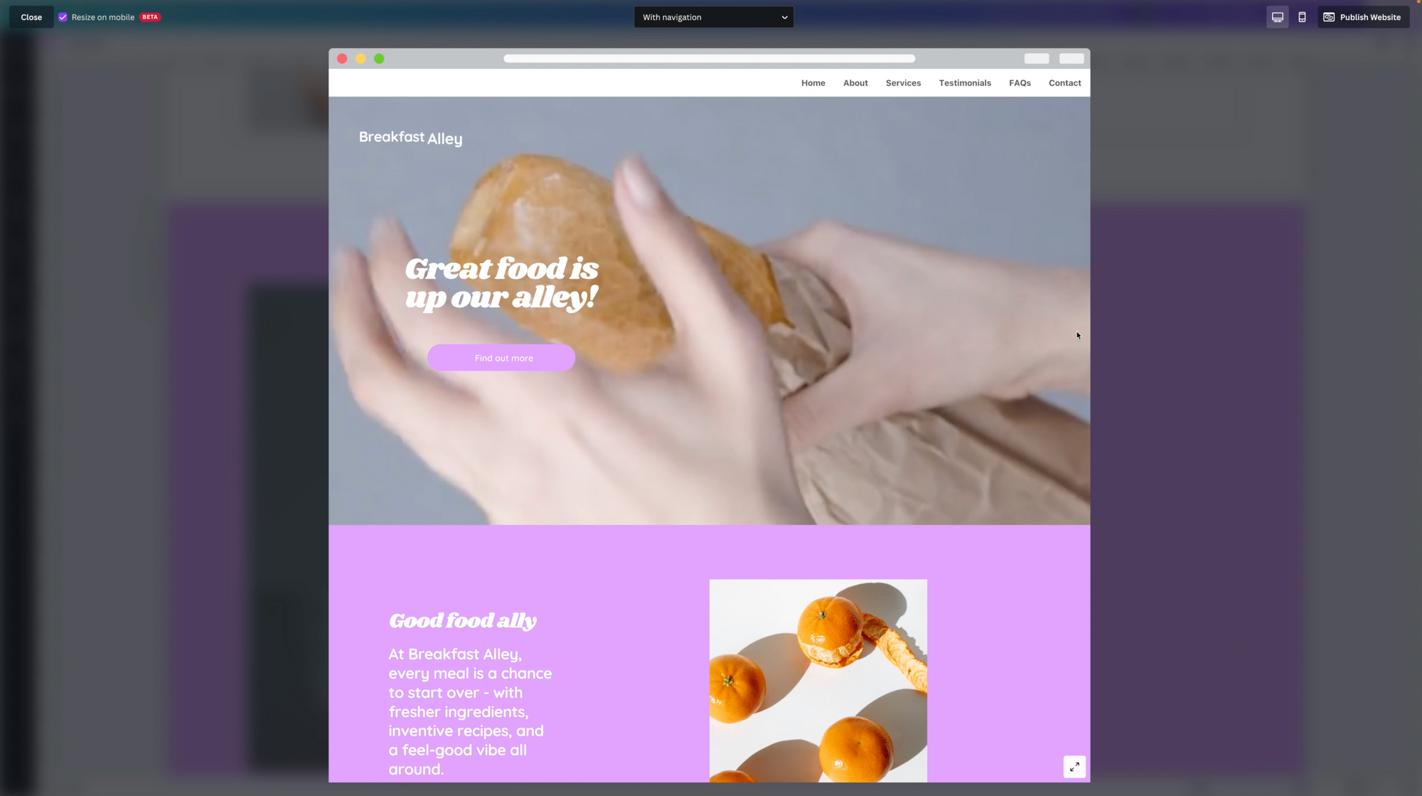 Responsive website preview, pink colors with hand holding bread