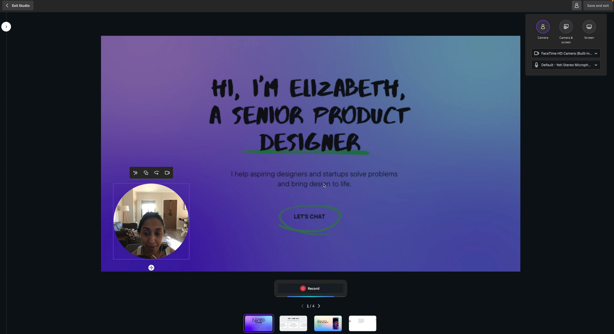 Canva's selfie video recording