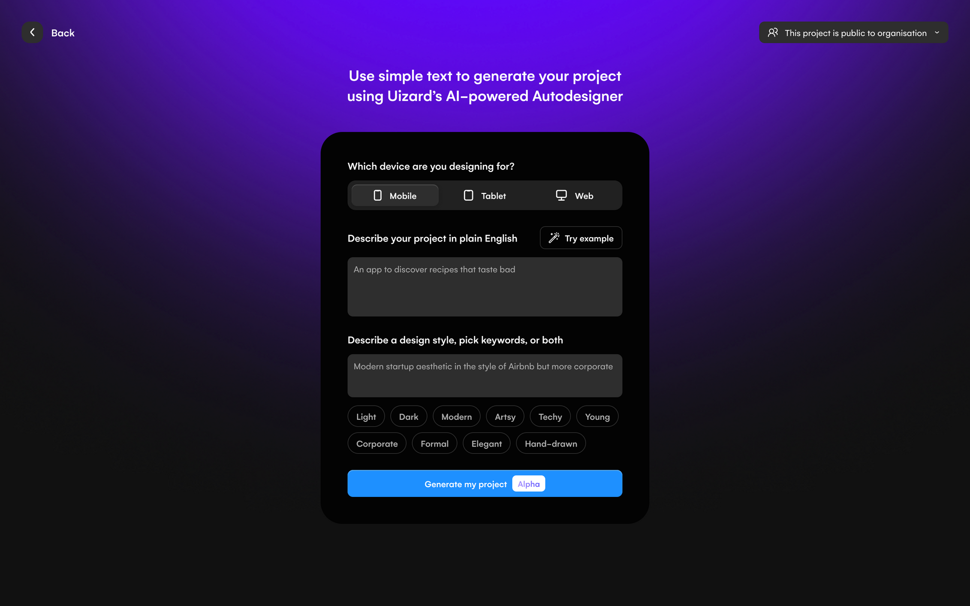 Autodesigner text prompt fields. Dark design with purple gradient and blue button