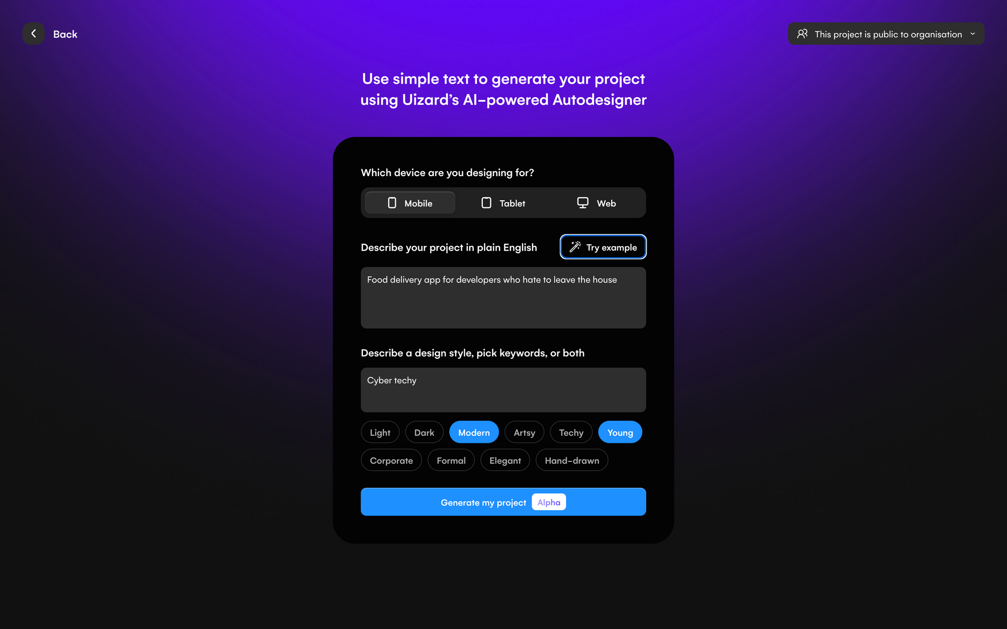 Autodesigner text prompt fields. Dark design with purple gradient and blue button