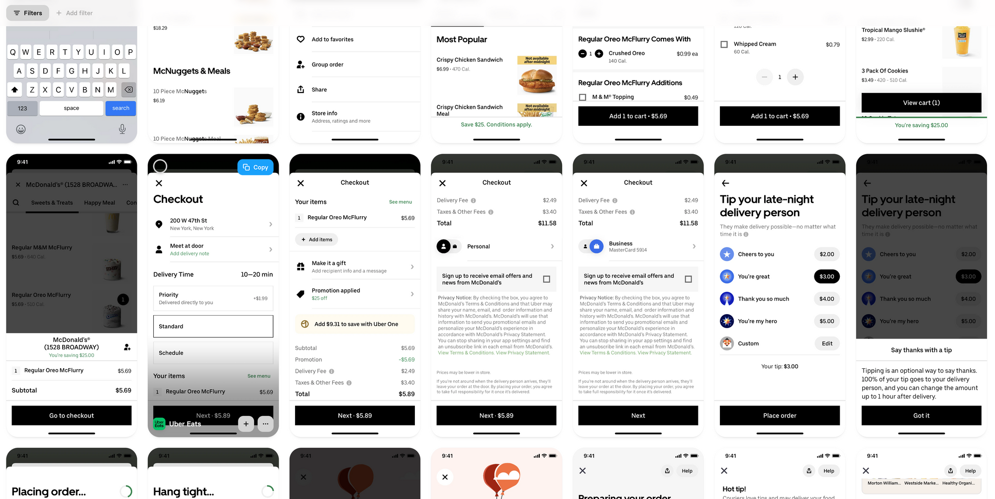 Collection of mobile checkout screens from Uber Eats - black and white color scheme
