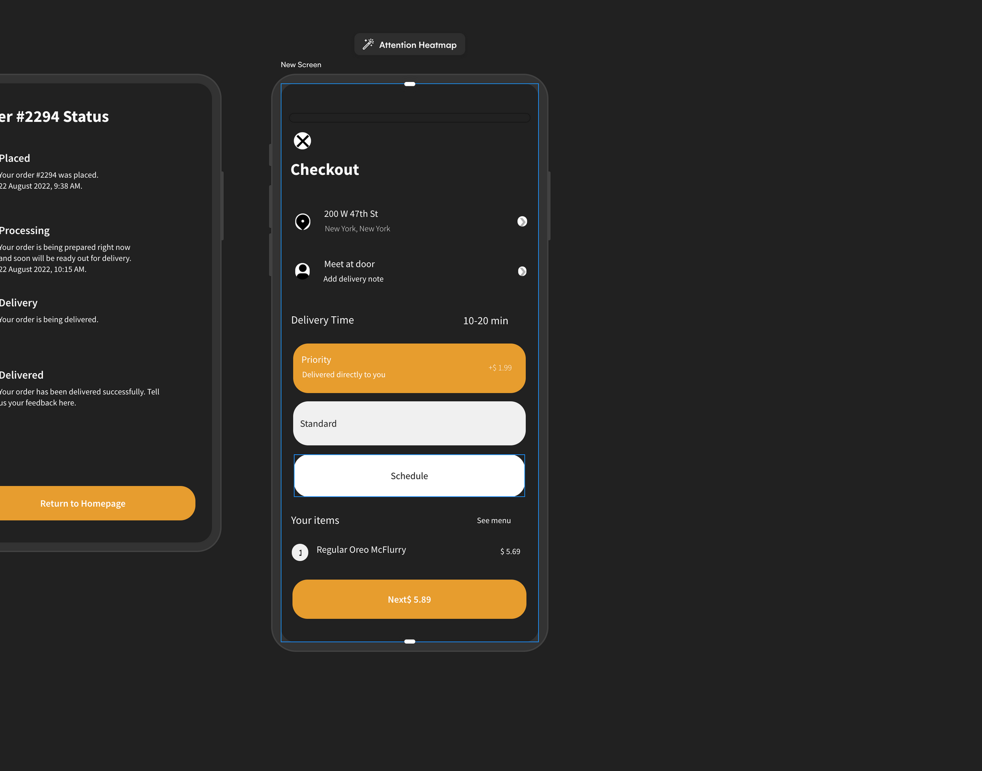 Mobile app checkout screen in black and yellow close up