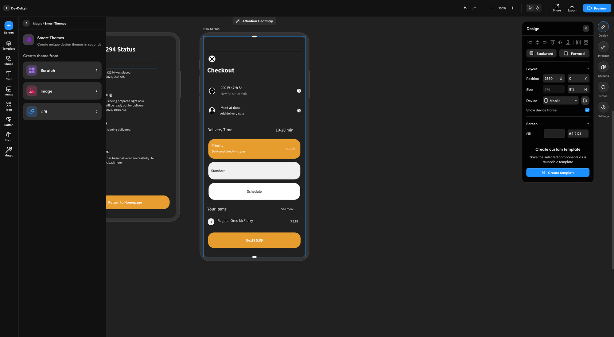 Mobile app checkout screen in black and yellow