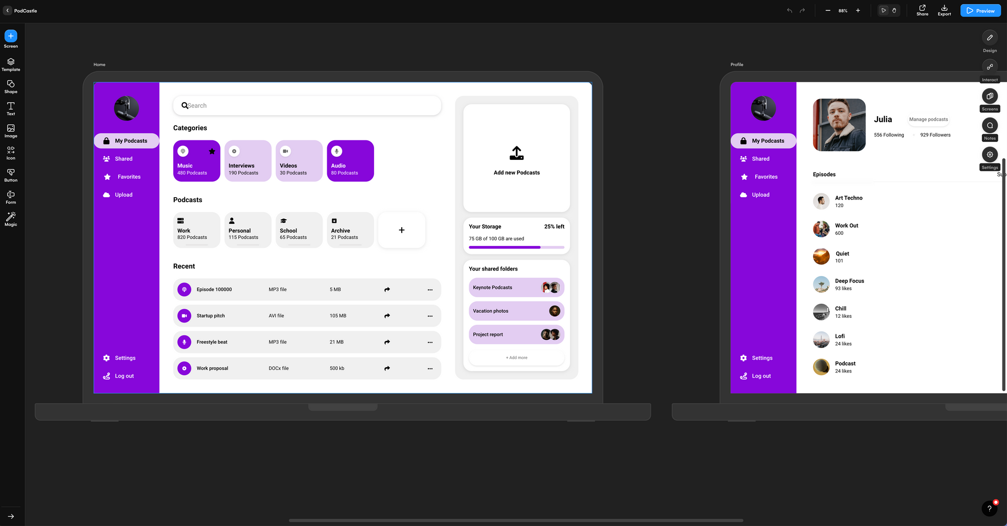 Purple and white podcast dashboard screen for website SaaS app