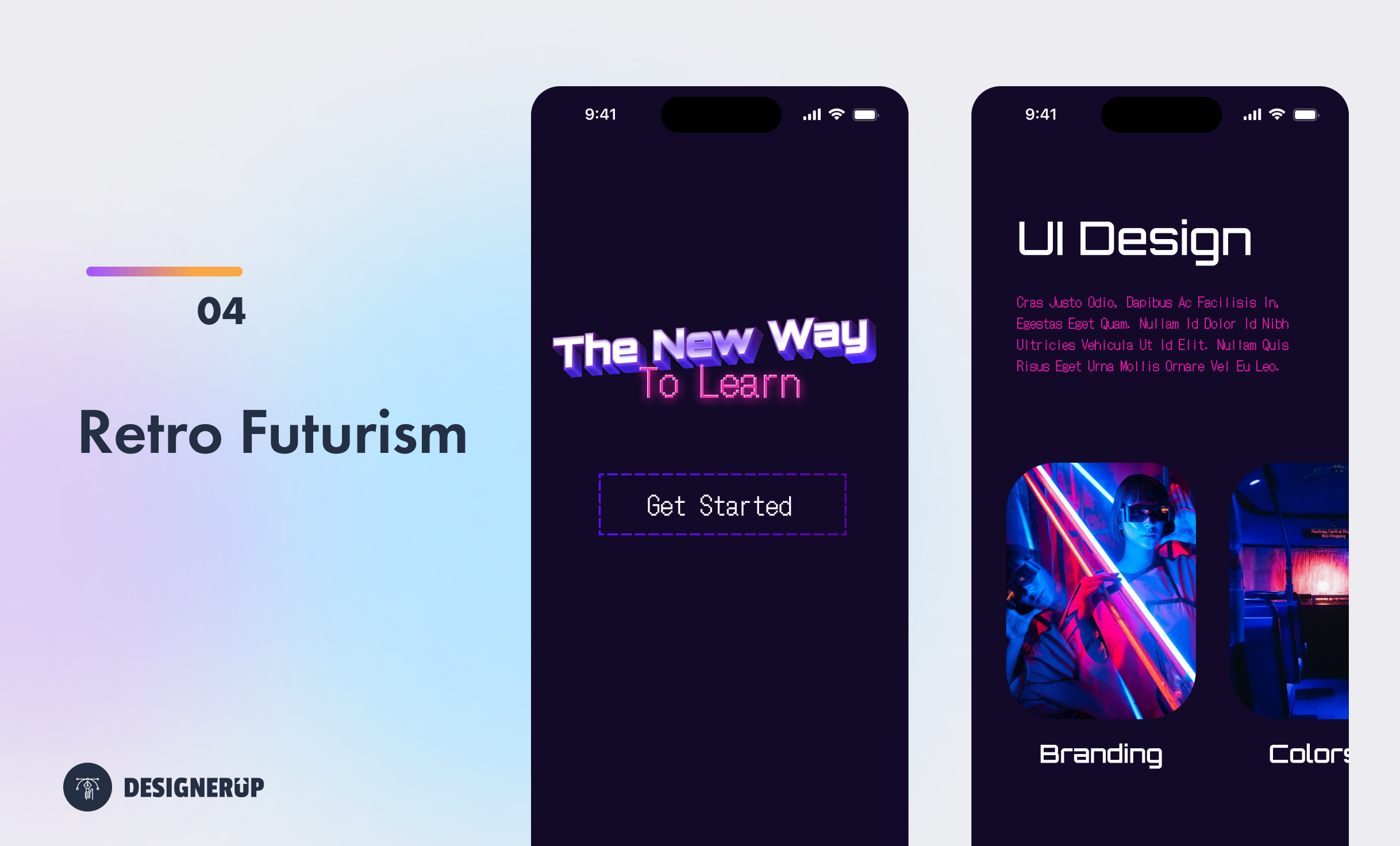 Dark design with dark blue background and neon pink and purple retro text