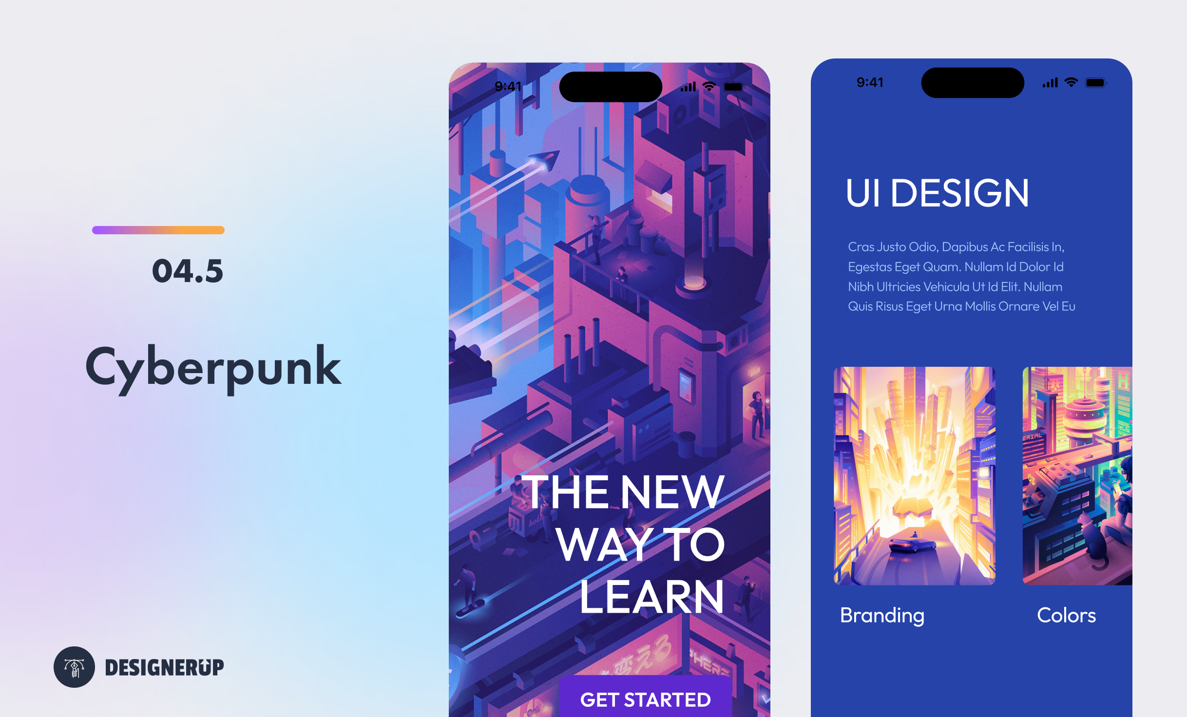 Mobile screens with Midjourney images and purple and pink with Cyberpunk landscape