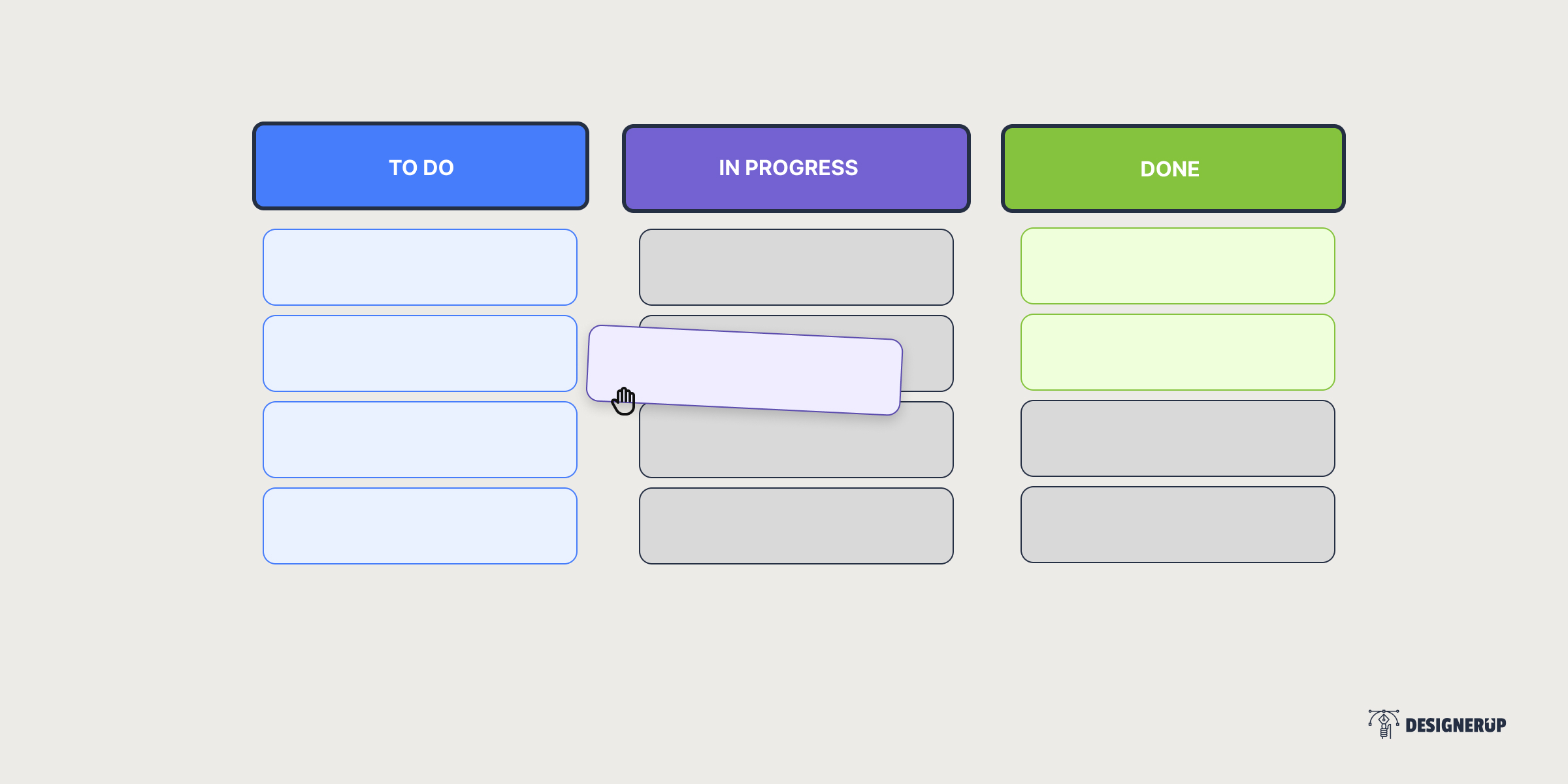 Kanban Board with blue, purple and green 