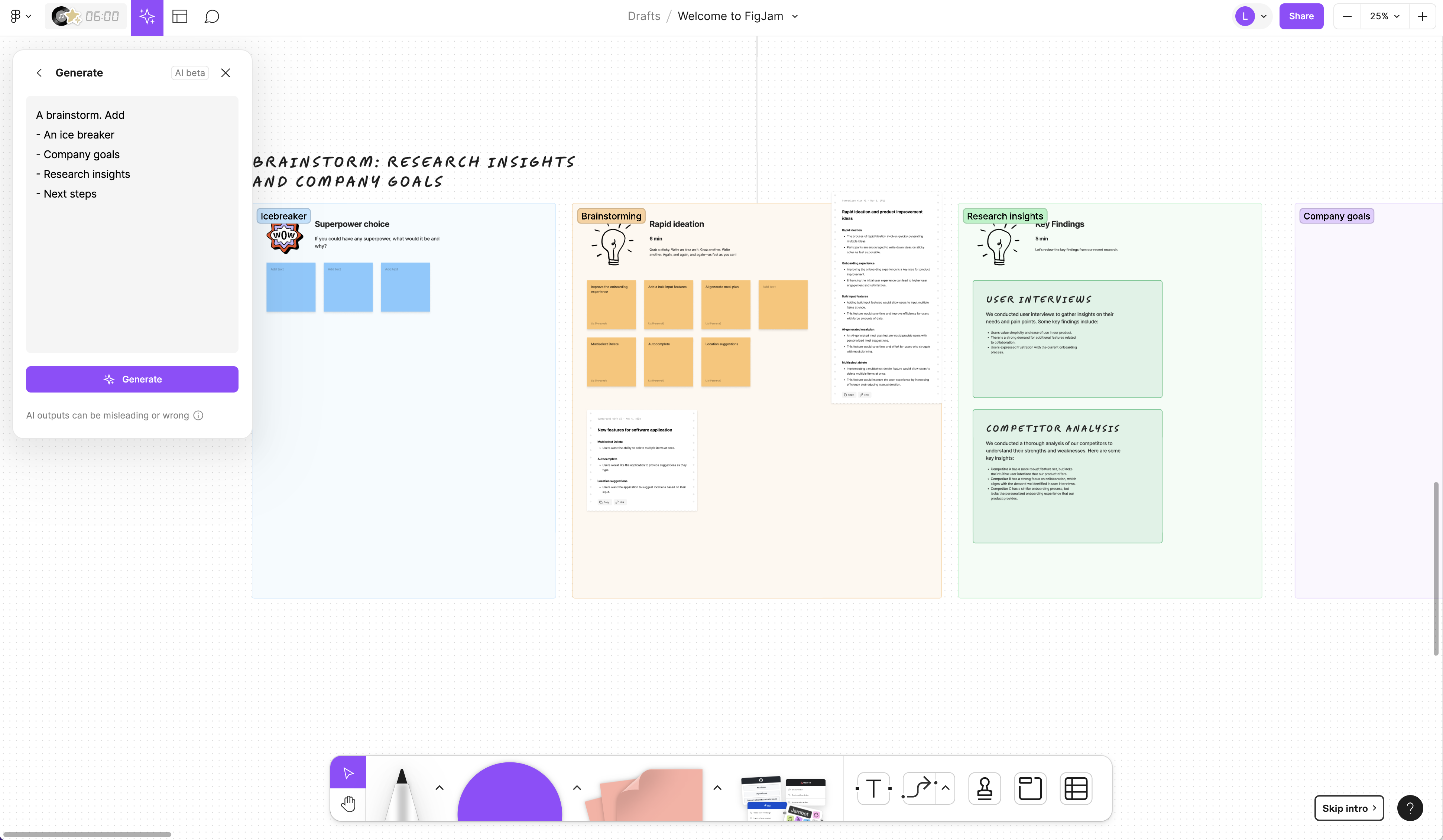 AI generated brainstorm template with Blue, Yellow, Green and Purple sections