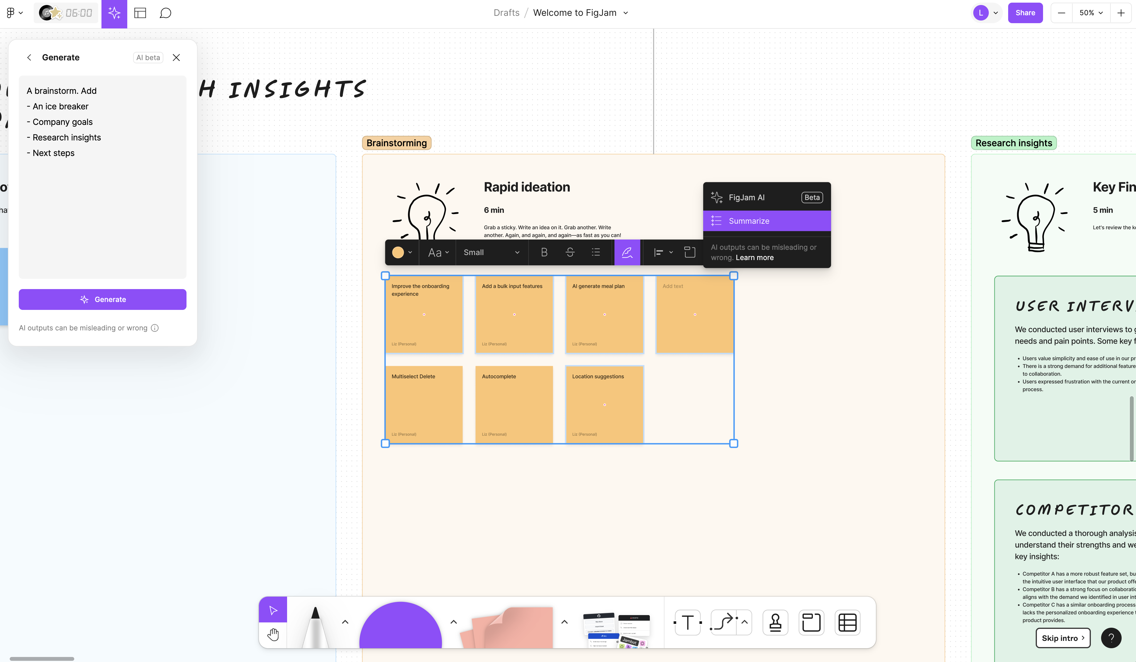 Board with yellow sticky notes selected and summarize modal 