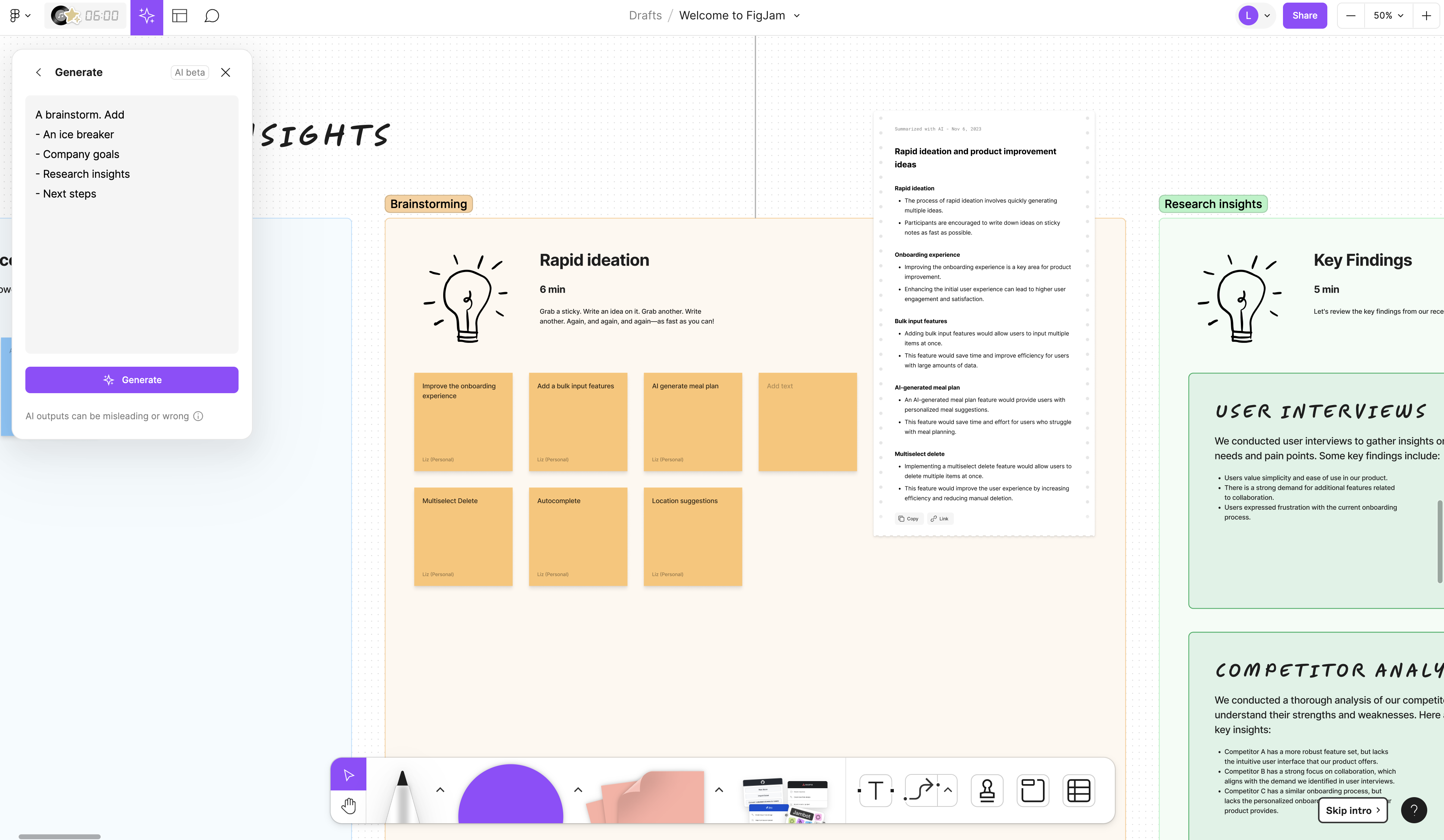 Board with yellow sticky notes and AI generated summary