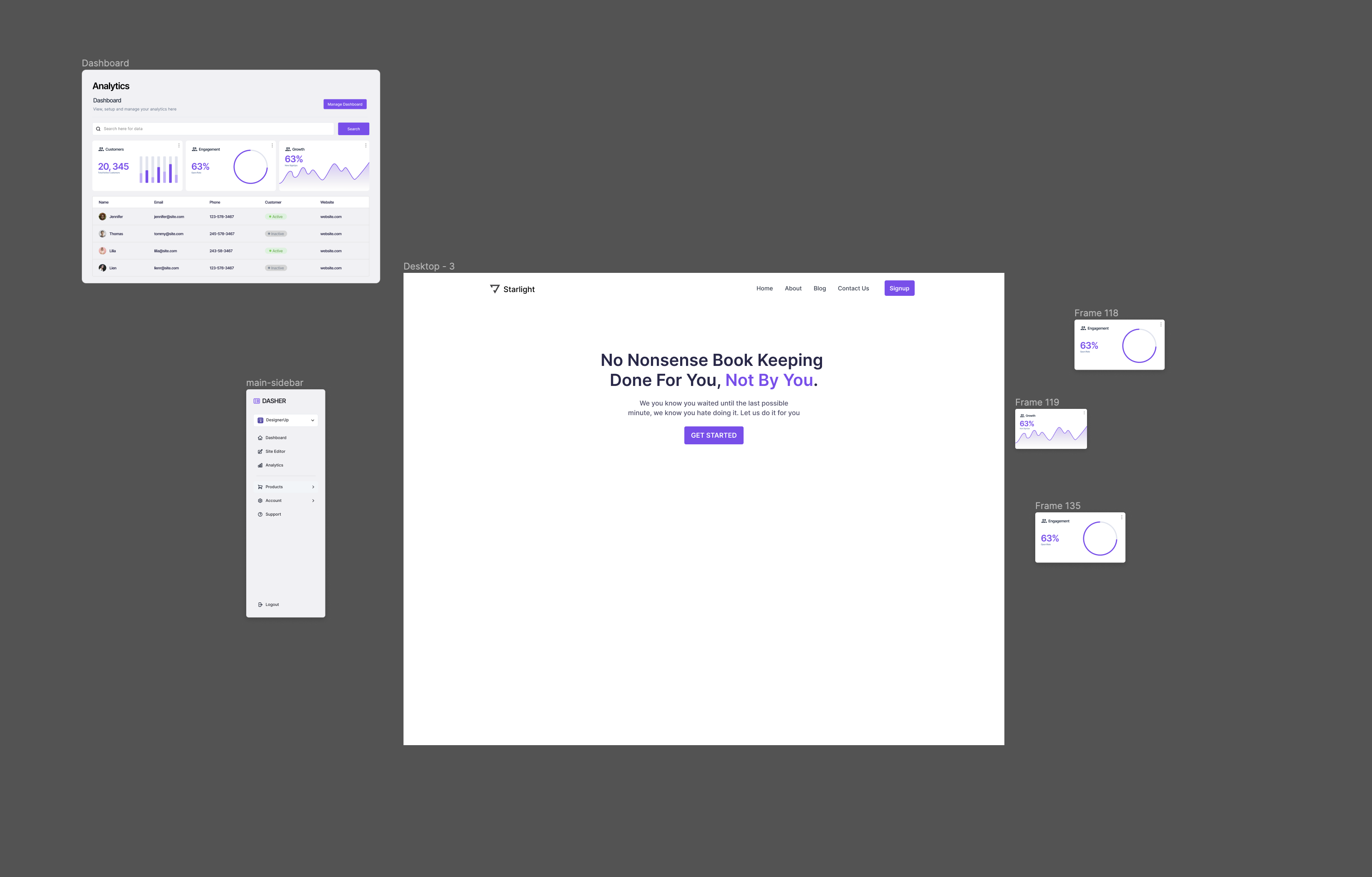 Based design white background with purple and gray dashboard components