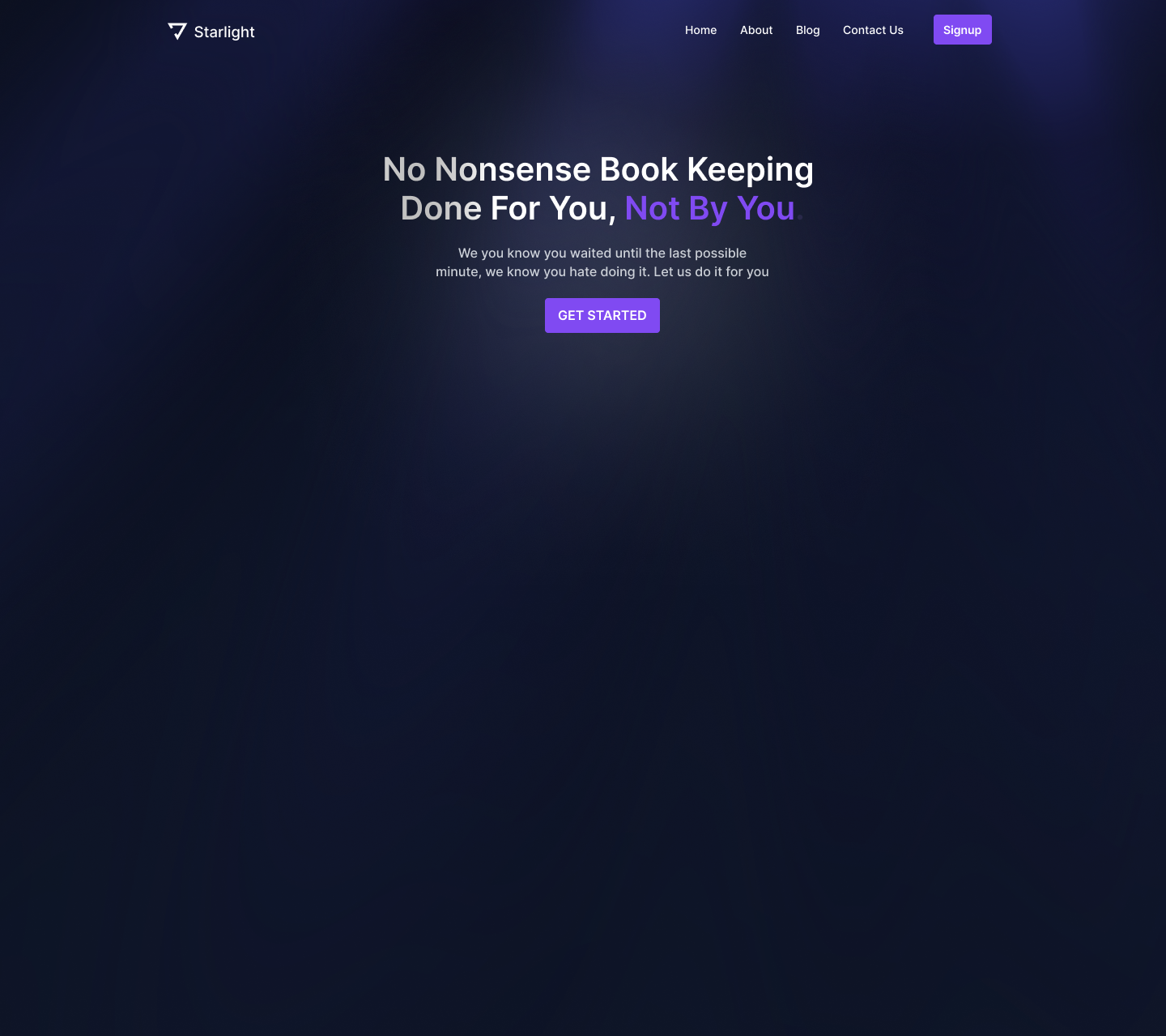 Dark navy background with purple with white text and purple call to action button 