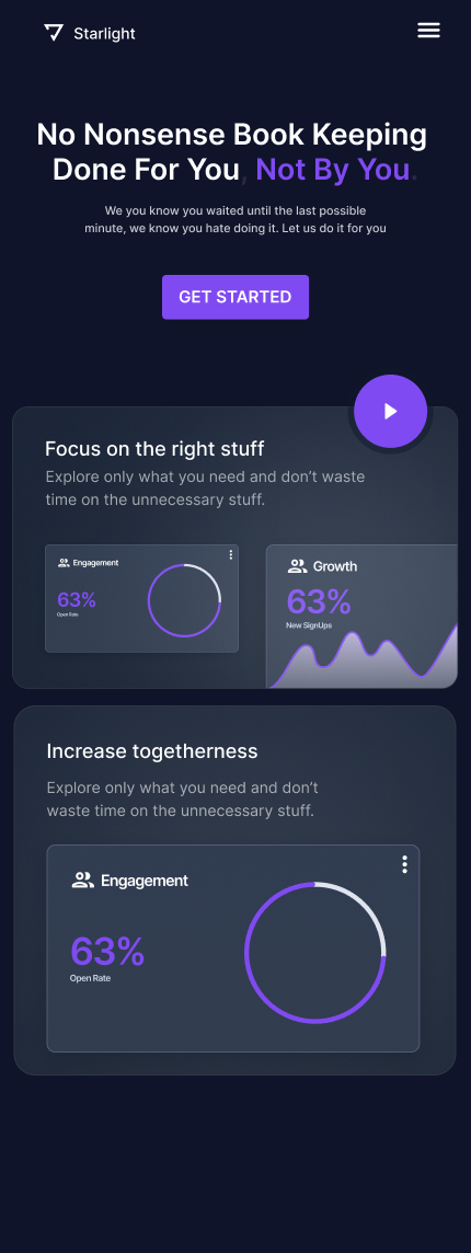 Dark design bento layout with interactive callout components and purple play button - mobile design