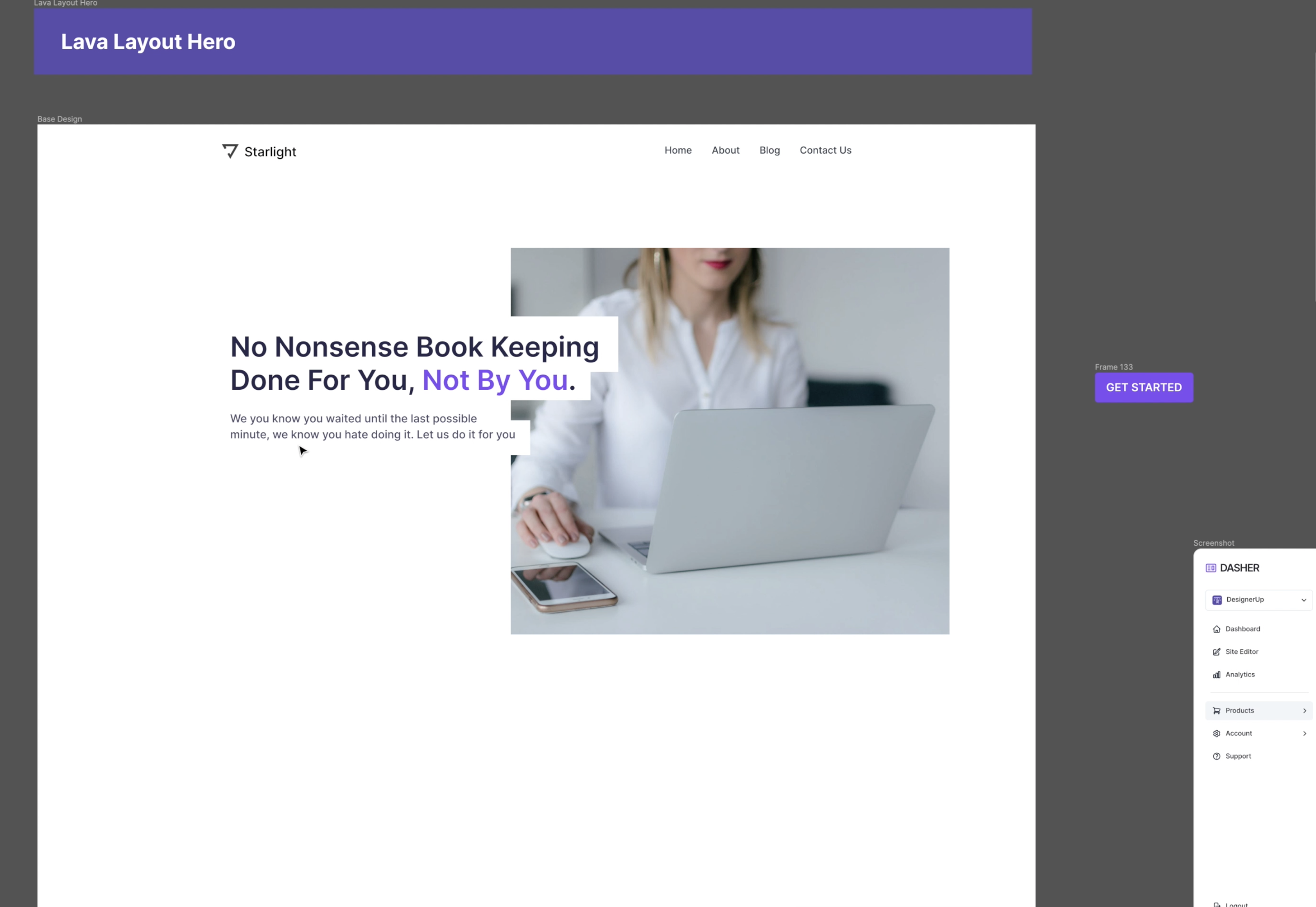 Gray and purple text with gray box as image of white women with blond hair on computer - with text overlay