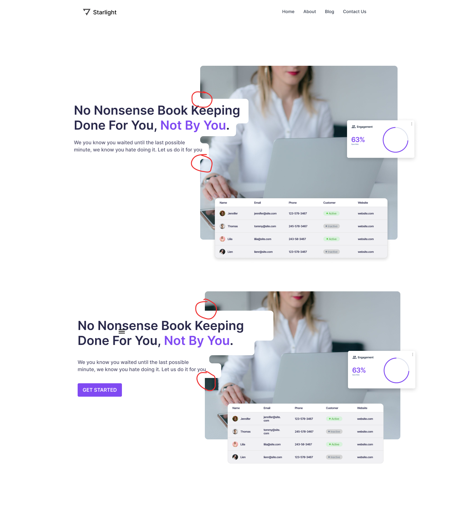Gray and purple text with gray box as image of white women with blond hair on computer - with text overlay different variations