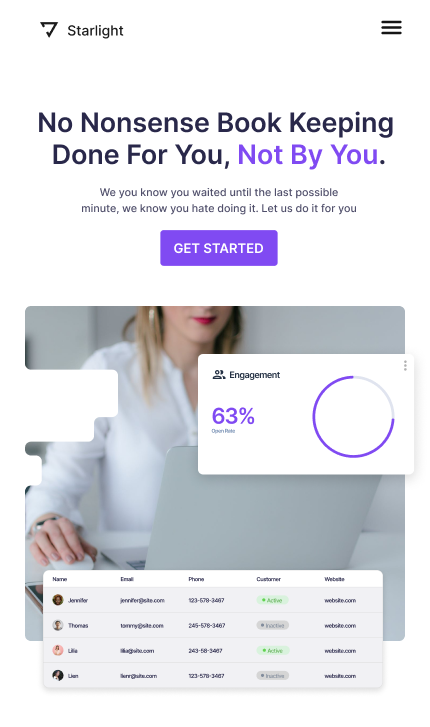 Gray and purple text with gray box as image of white women with blond hair on computer - mobile design