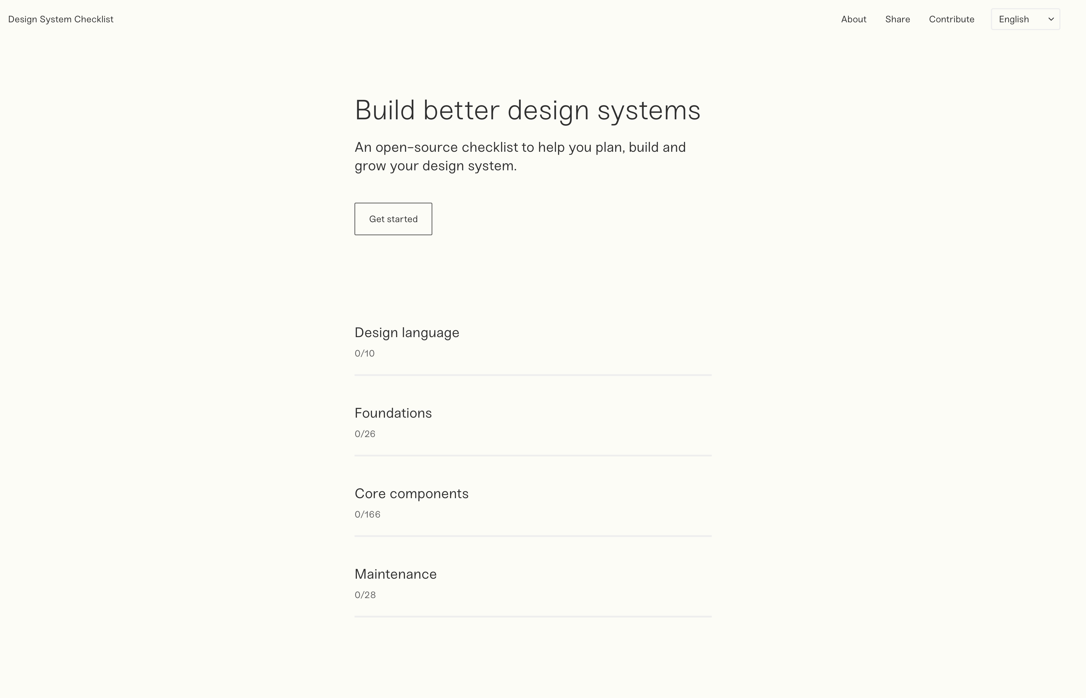 Cream colors page with dark text list of design systems items