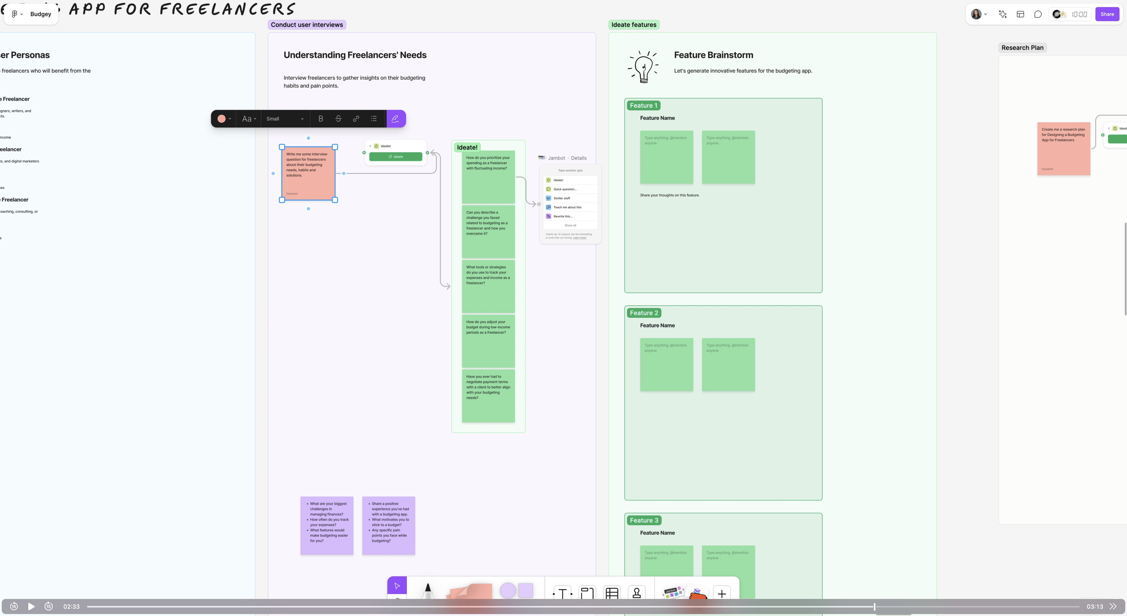 White Figjam board with lots of stickies and Jambot AI widget