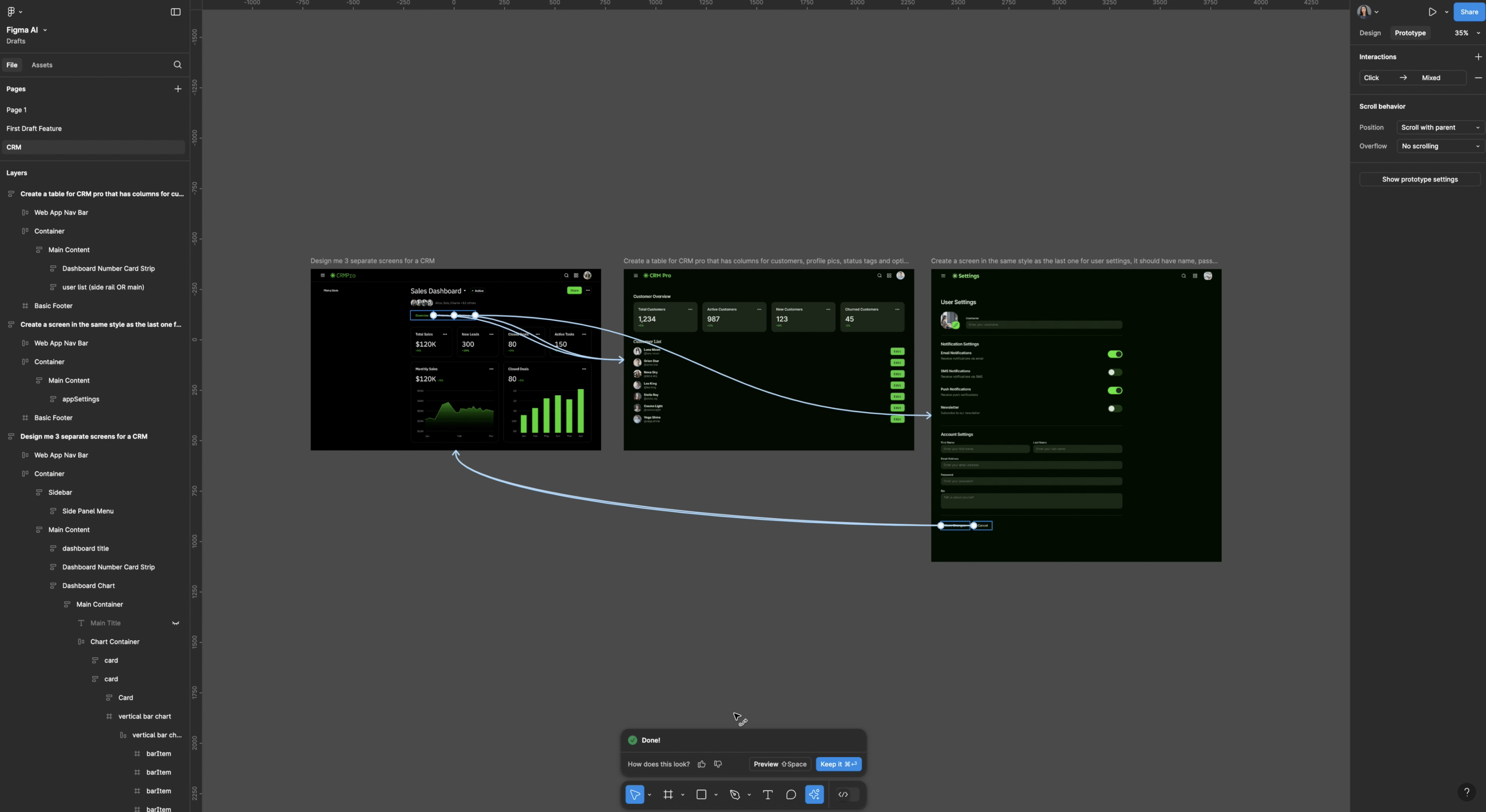 Black and green screen flows with noodle prototype connections