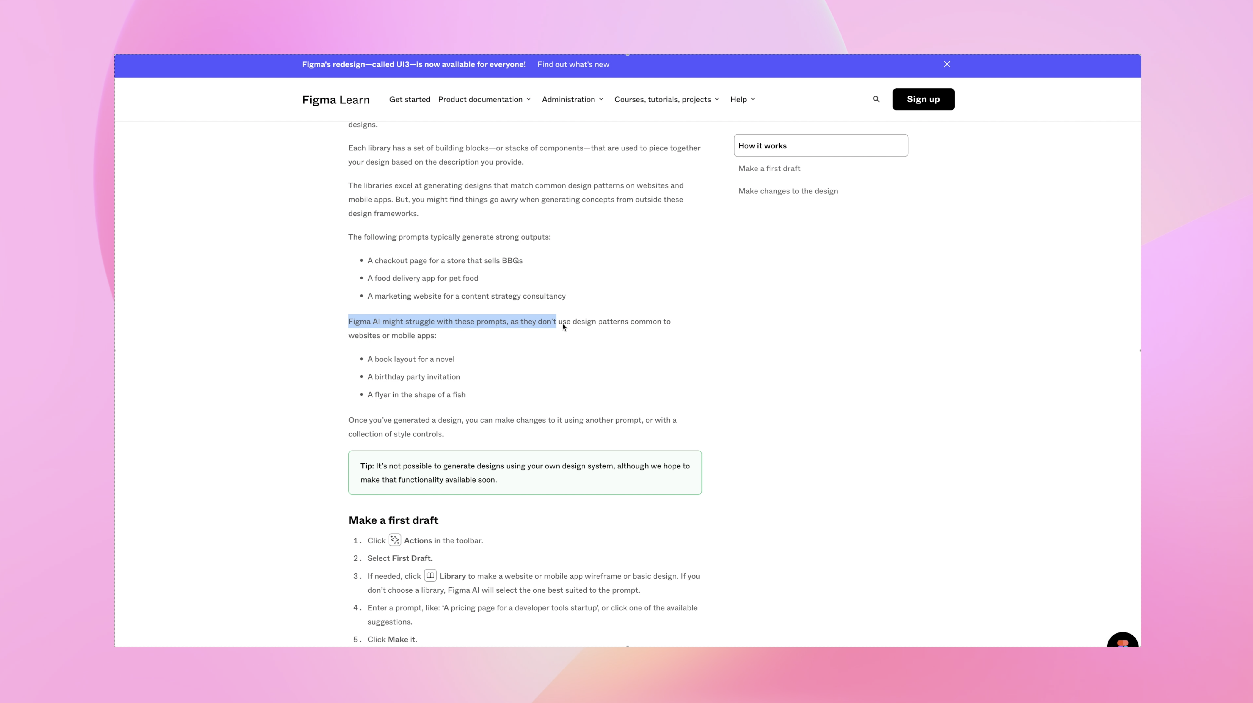 Pink background with Figma documentation highlighted blue