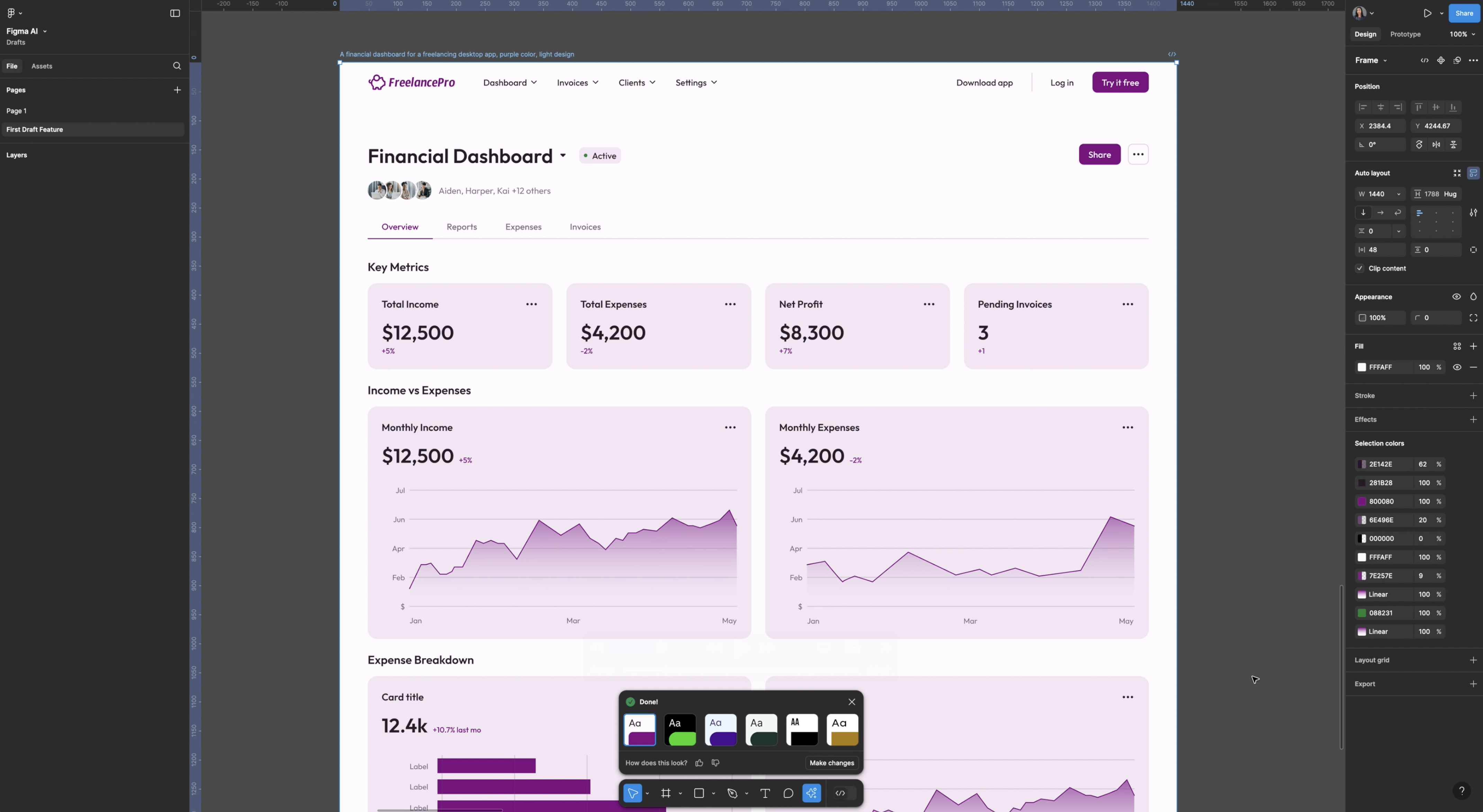 Purple Web Dashboard screen with charts and graphs