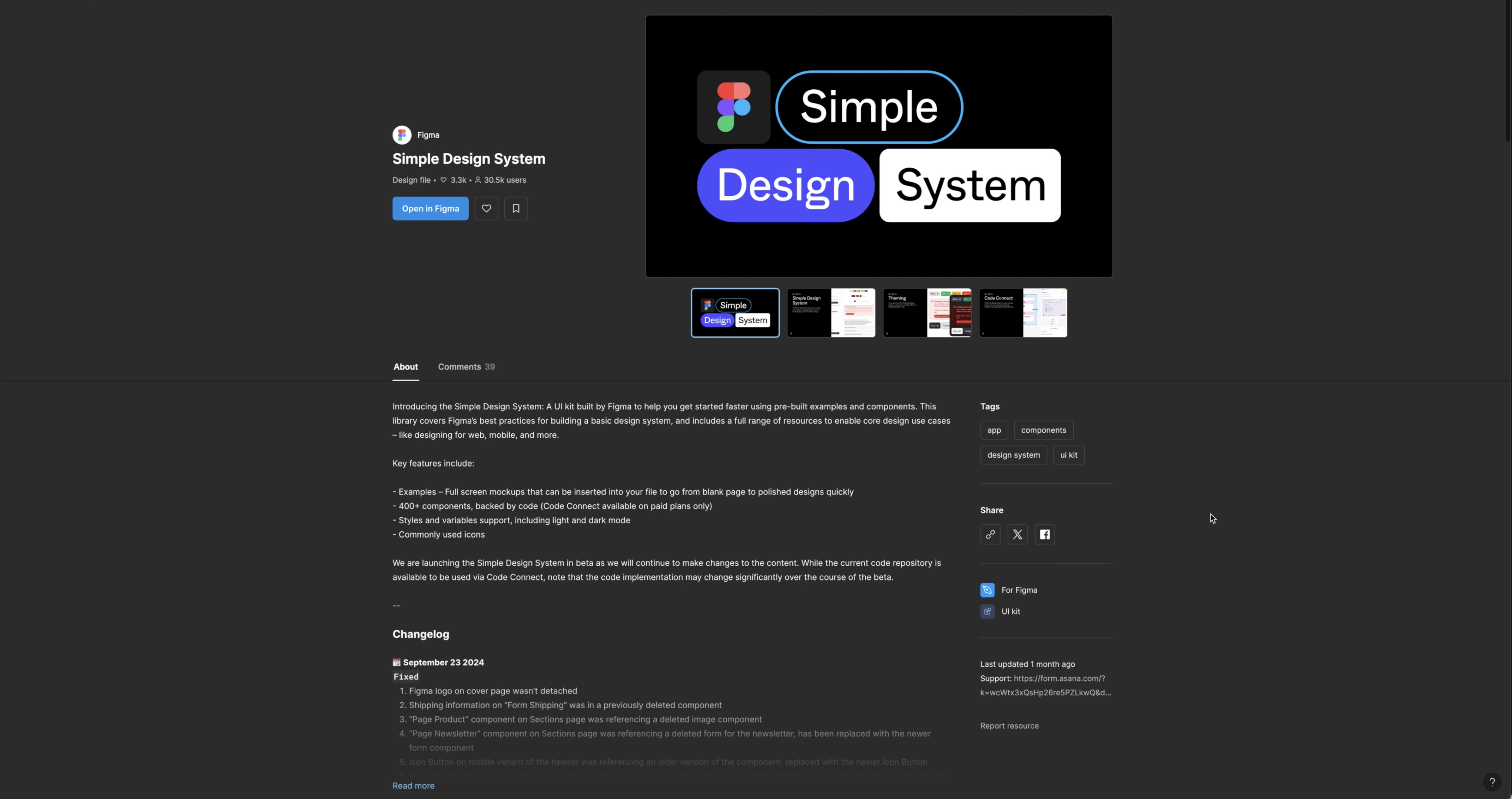 Simple Design System file with blue and white and black text on dark bg