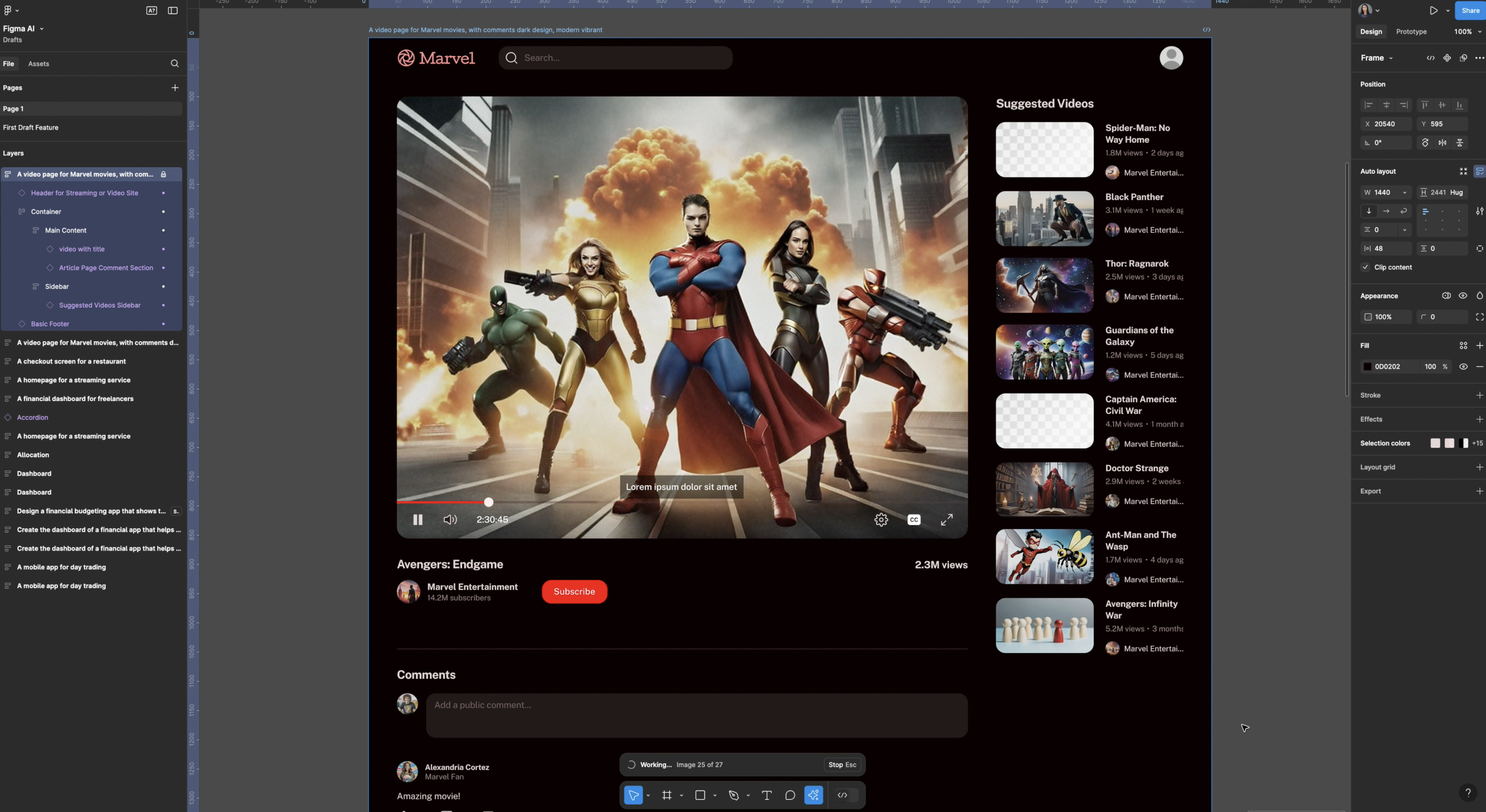 Superhero characters, black ui screen for streaming site with red accent colors