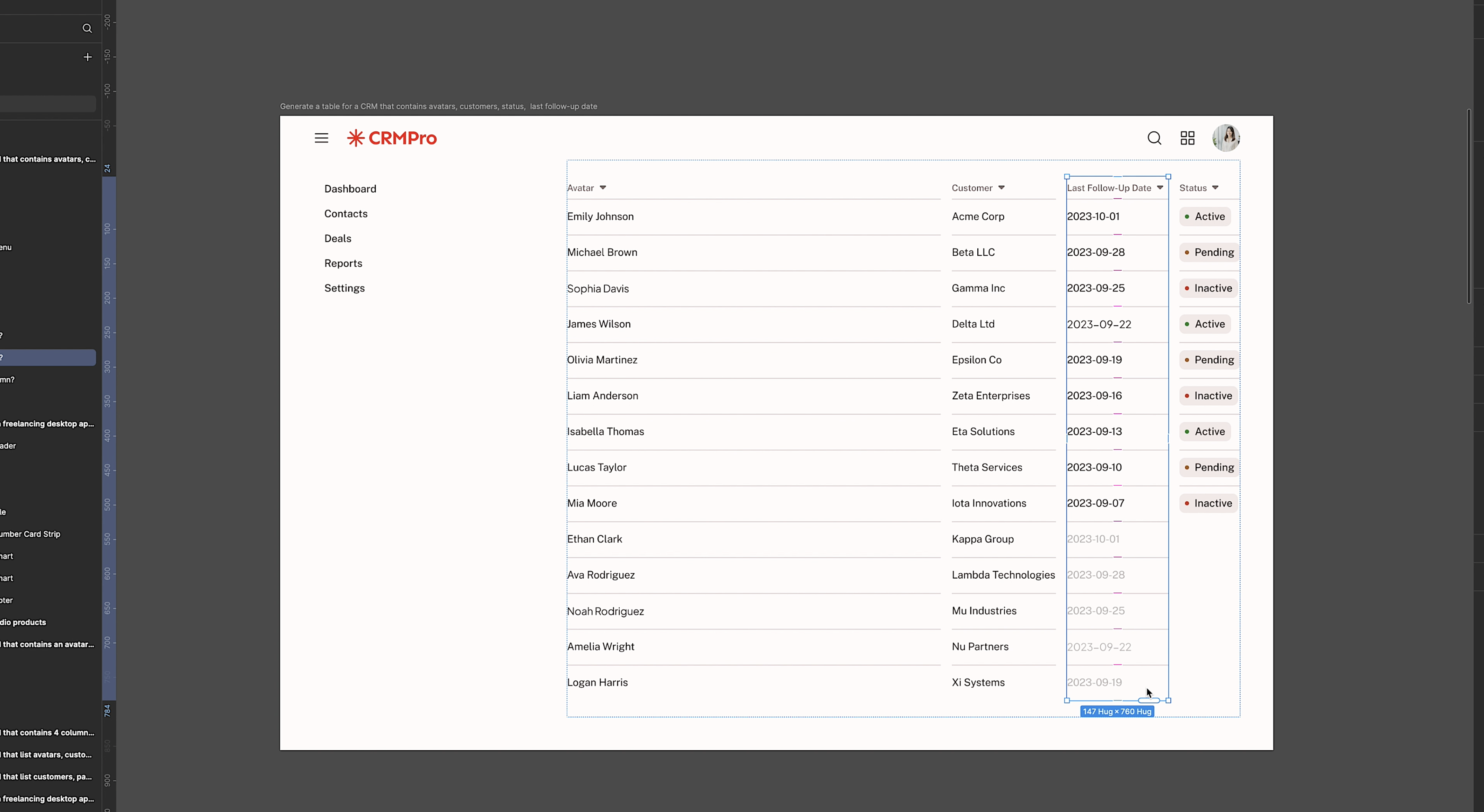 CRM with table of names and status tags with different colors