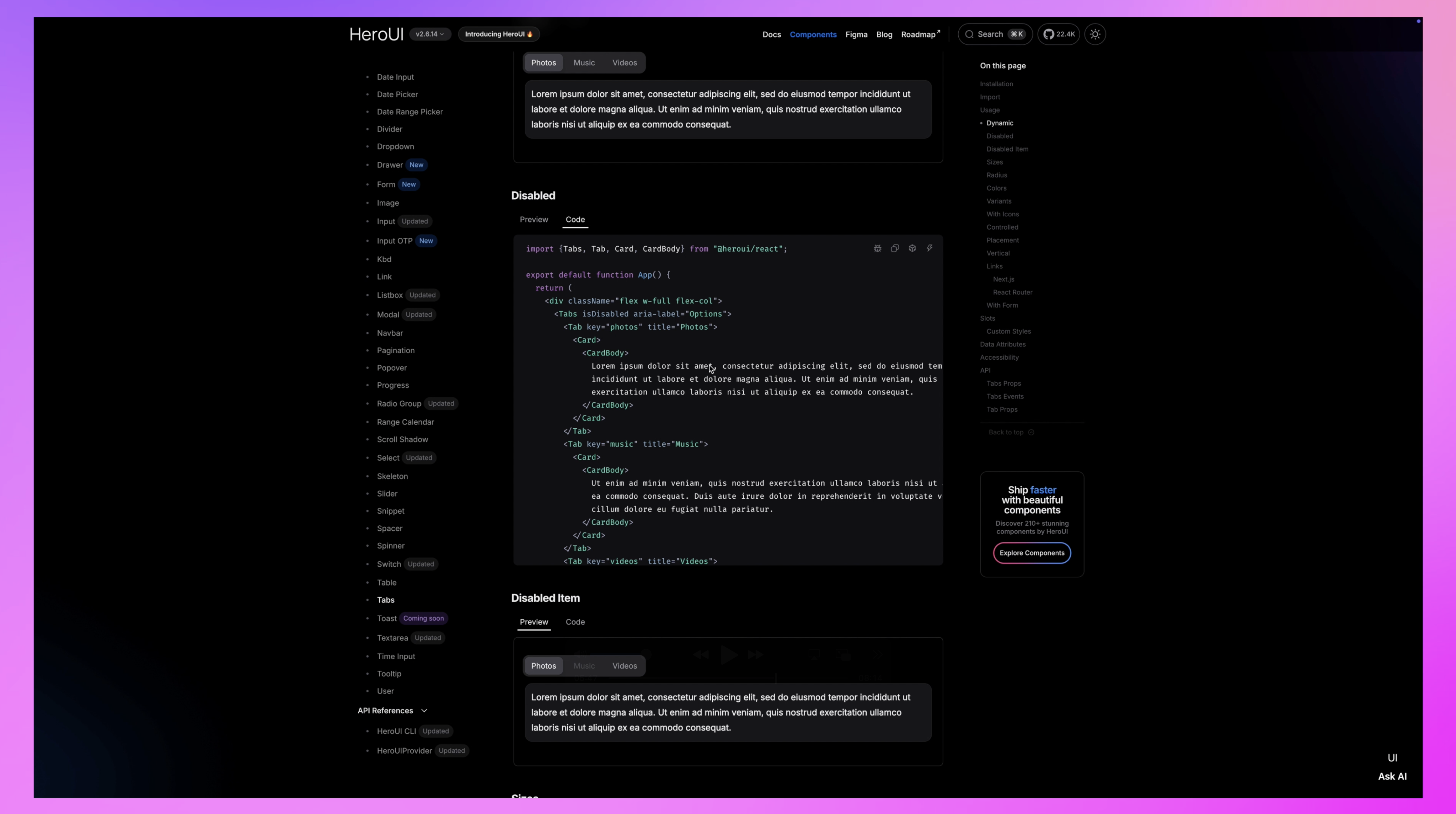 Documentation page featuring a dark-themed code snippet for implementing tabs and card components in React. The side panel lists additional components like Dropdown, Form, and Modal, against a gradient purple and pink background."