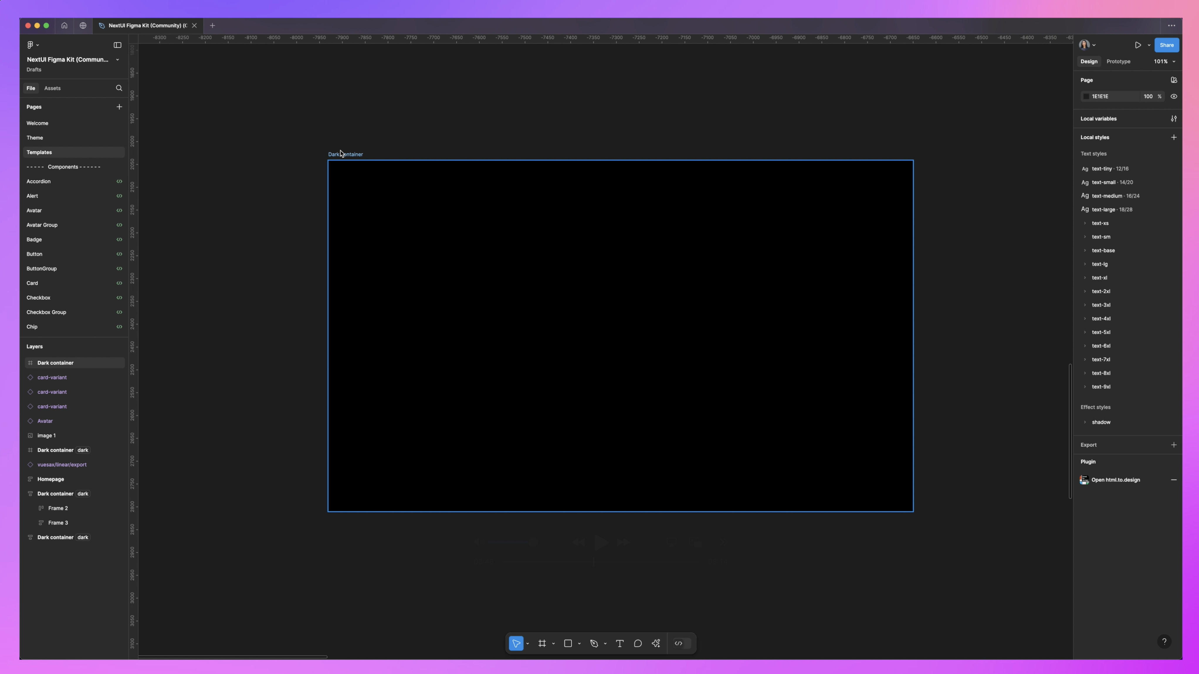 Figma workspace displaying a single dark container element with a purple and pink gradient background. Local variables and styles are visible in the side panel.