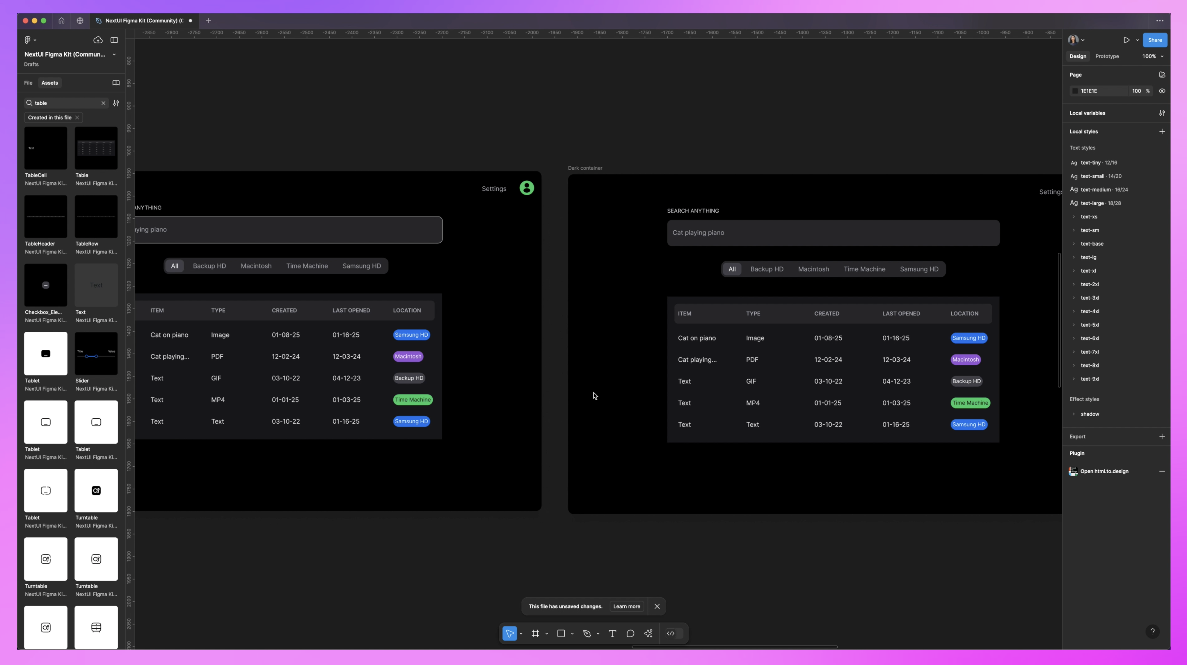 Figma workspace showcasing two variations of a search tool interface side by side, each displaying a results table with file details like type, creation date, and storage location. The workspace includes a purple gradient background.