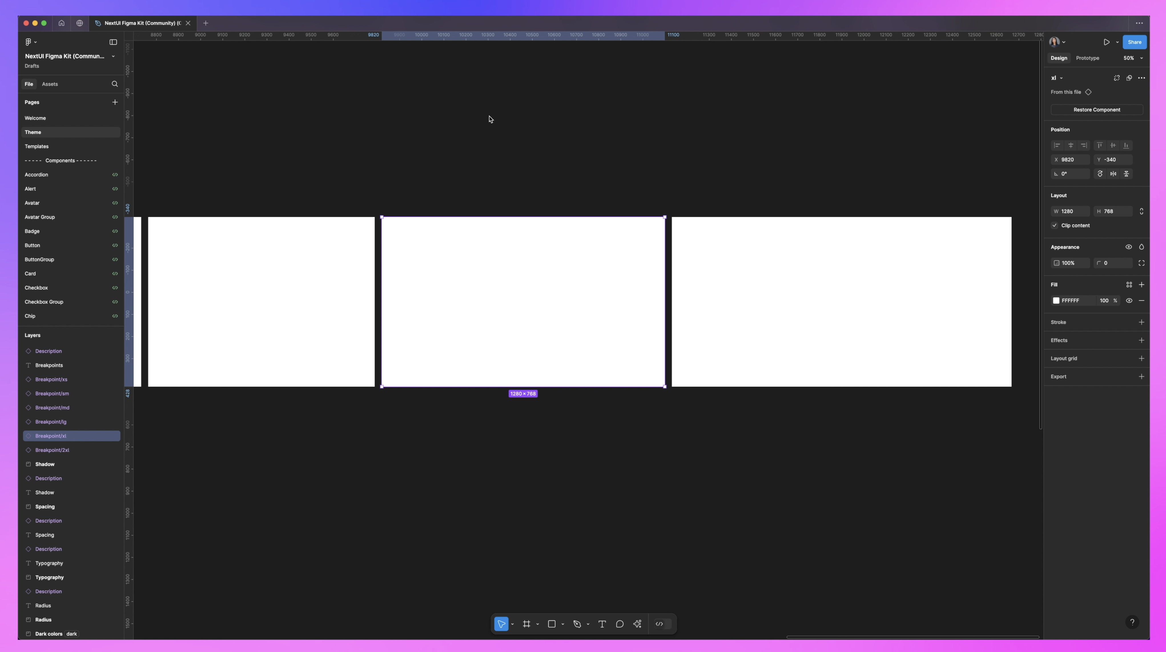 Figma workspace showing three rectangular white frames aligned horizontally on a dark background, used for prototyping or layout design.