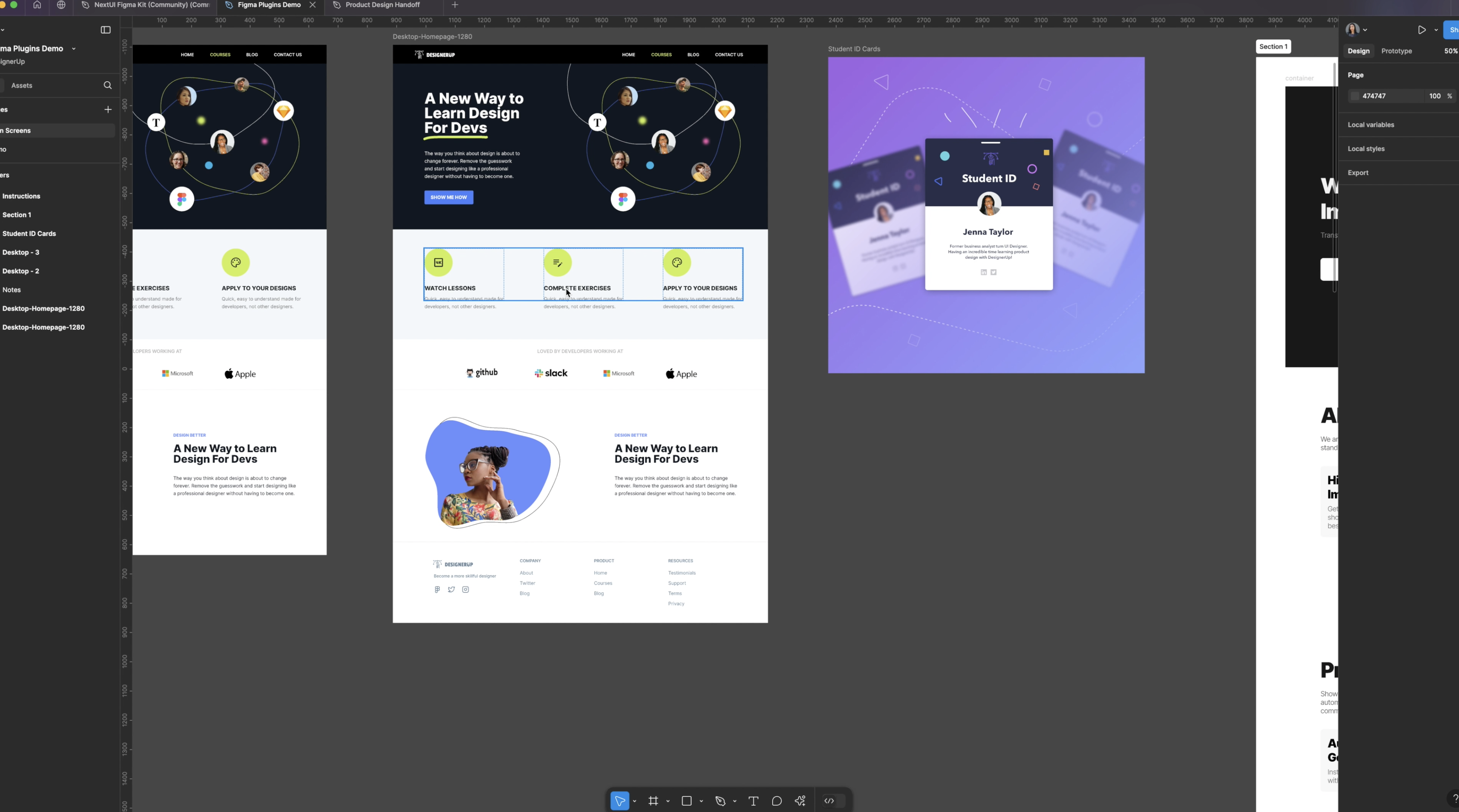 Three desktop mockups of a design course homepage displayed in Figma. On the right, a student ID card design sits on a purple gradient background with decorative elements.