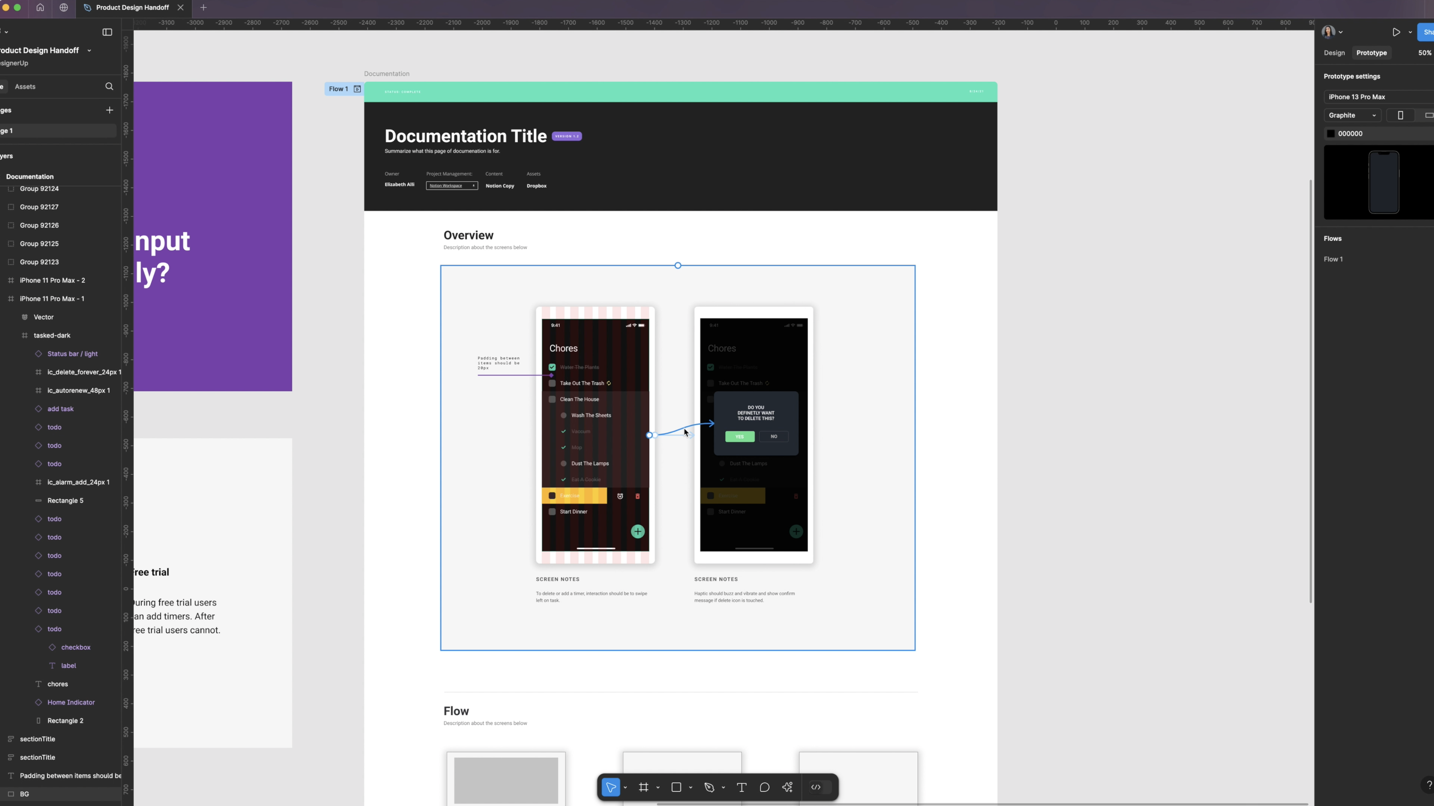 A Figma workspace showing a documentation page with a title, overview section, and connected screens demonstrating a mobile app flow. Annotations and design elements are visible.